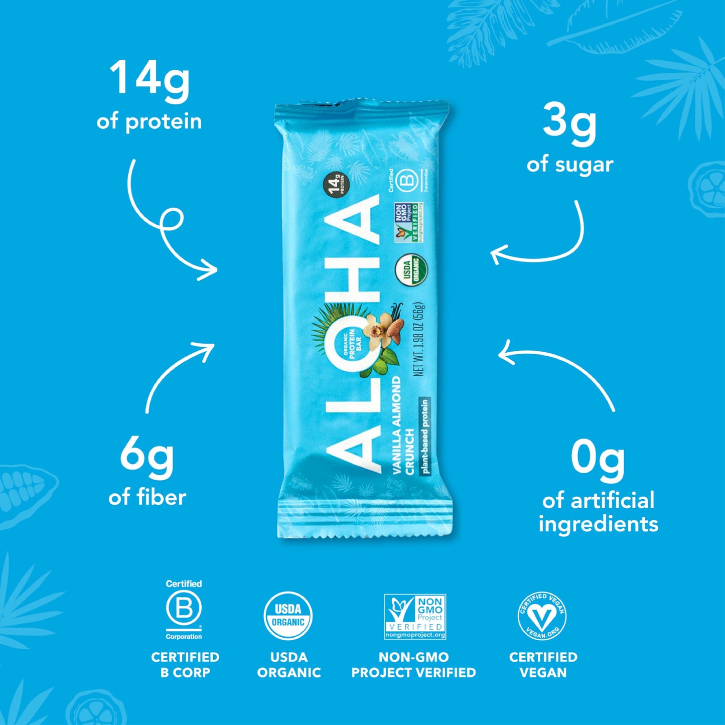 ALOHA Organic Plant Based Protein Bars, Vanilla Almond Crunch, 1.98-Ounce Bars, (Pack of 12)