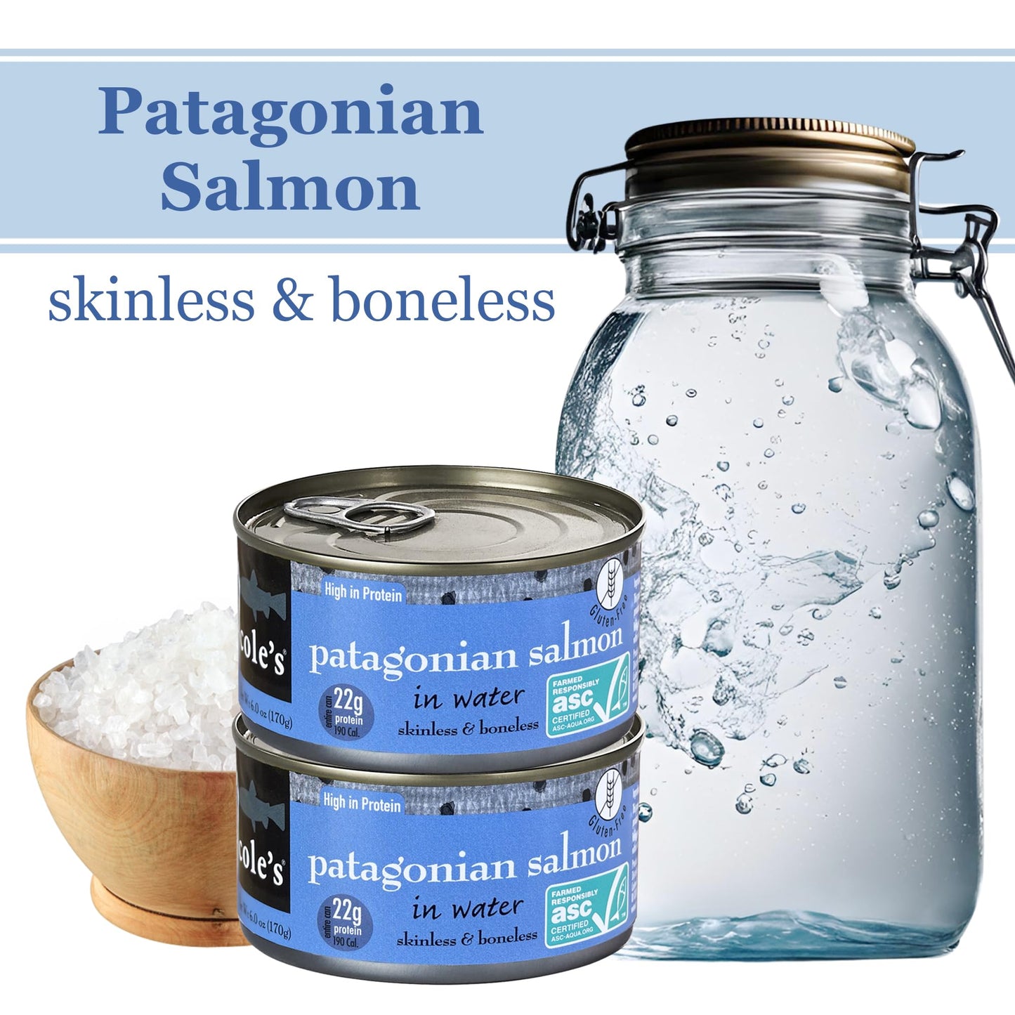Coles - Patagonian Salmon In Water - Boneless | Skinless | Canned Salmon-Seafood Rich In Protein - 6.0 Oz Each Container- 1 Pk
