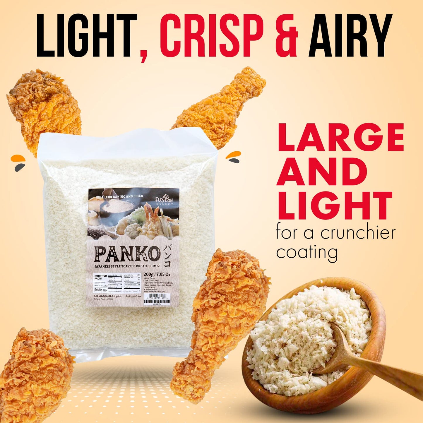 Fusion Select 7 Oz Panko Bread Crumbs - Japanese-Style Toasted Vegan Panko Breadcrumbs for Breading, Frying, Baking - For Fried
