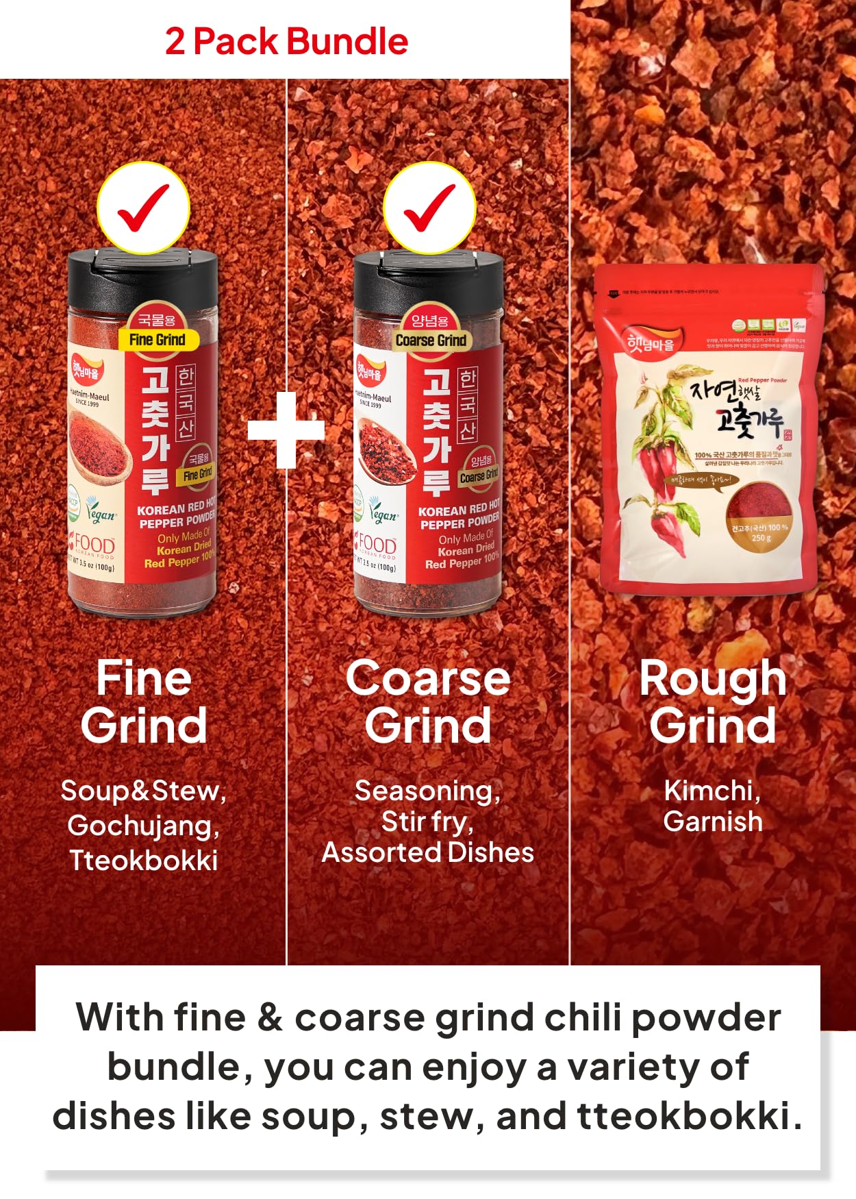 Korean Food 100% Korean Chili Powder Bundle - Fine (3.53Oz / 100G) & Coarse (3.53Oz / 100G) Red Pepper Powder For Soups, Stir-Fr