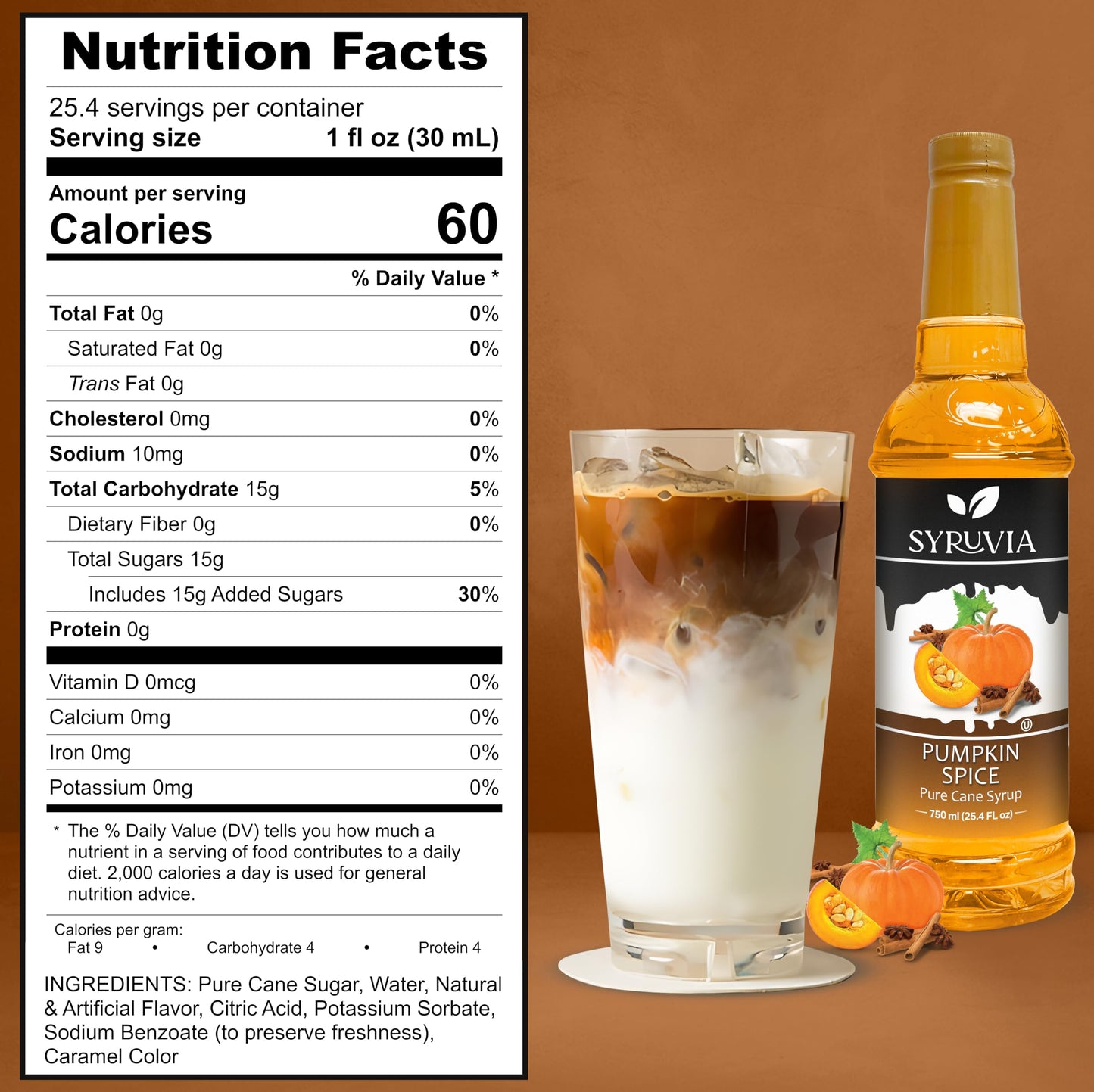Syruvia Pumpkin Spice Syrup - Pumpkin Spice Coffee Syrup Flavor, 25.4 Fl Oz, Kosher, Gluten Free, Perfect For Coffee, Drinks, So