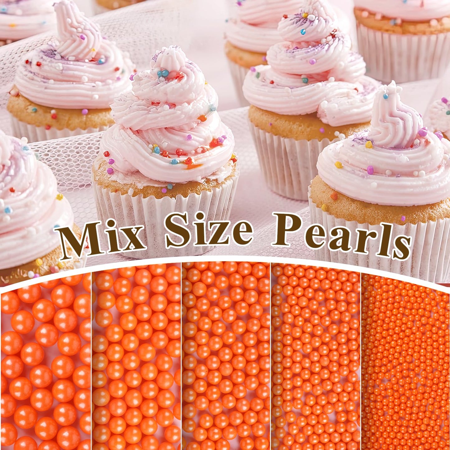Twisweet Orange Pearl Sprinkles for Cake Decorating, Edible Sugar Pearls for Baking, Mix Size, Cake Topper Cupcake Cookie Ice Cr