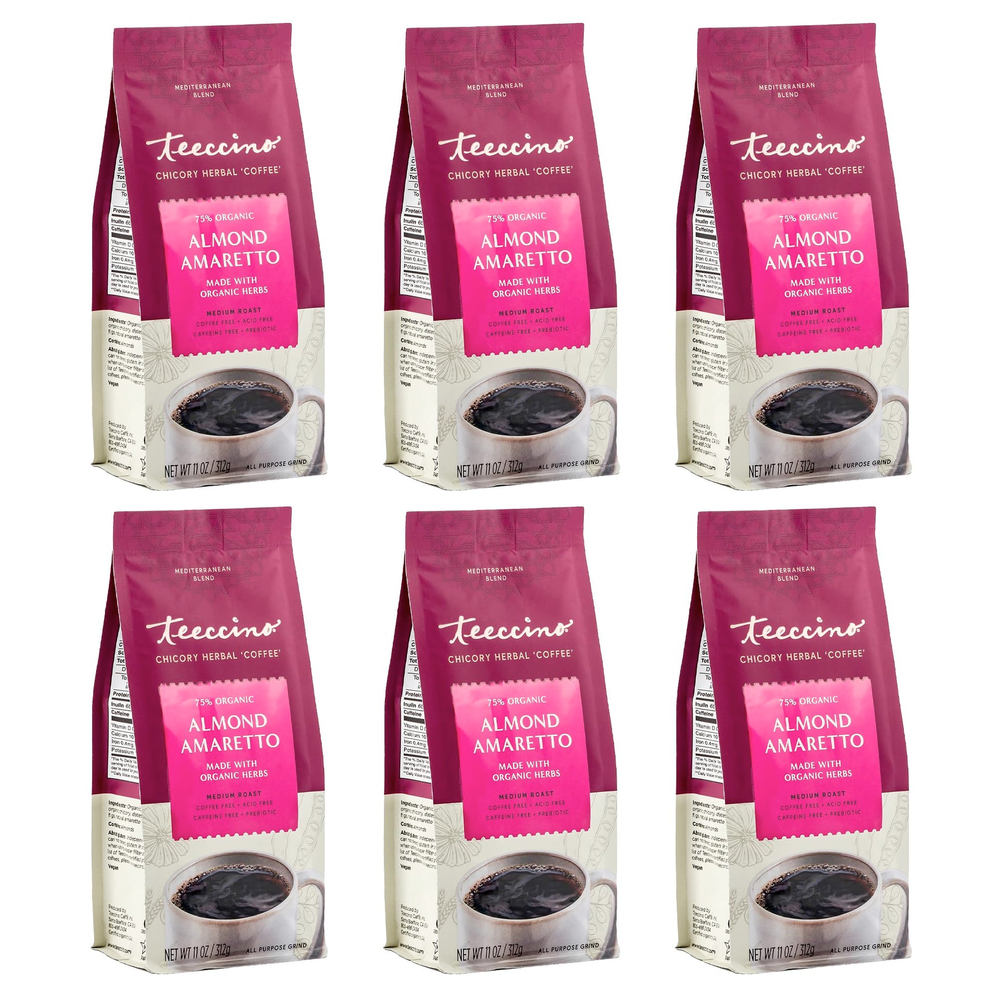 Teeccino Almond Amaretto Ground Herbal Coffee - Caffeine Free, Medium Roast, 11 Ounce (Pack of 6)