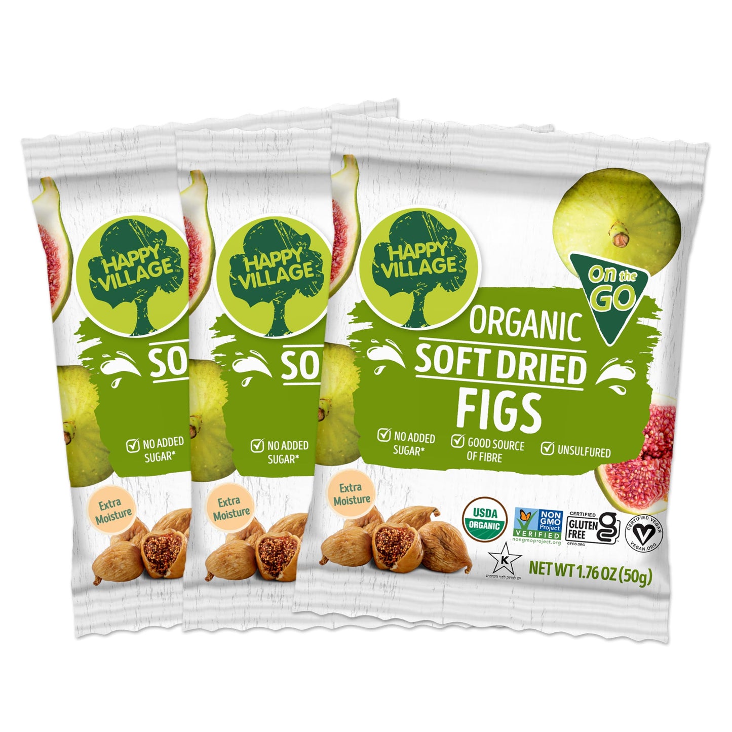 Happy Village Organic Soft Dried Figs On The Go - 3 Bags (15 Individual Portion Packs) | Healthy, Organic, Non-Gmo, Vegan, Koshe