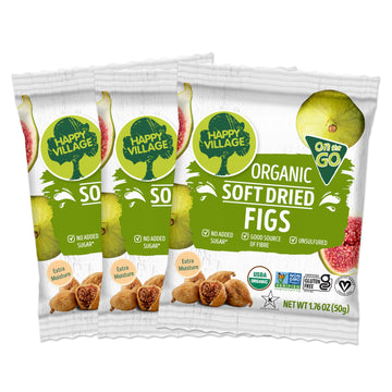 Happy Village Organic Soft Dried Figs On The Go - 3 Bags (15 Individual Portion Packs) | Healthy, Organic, Non-Gmo, Vegan, Koshe