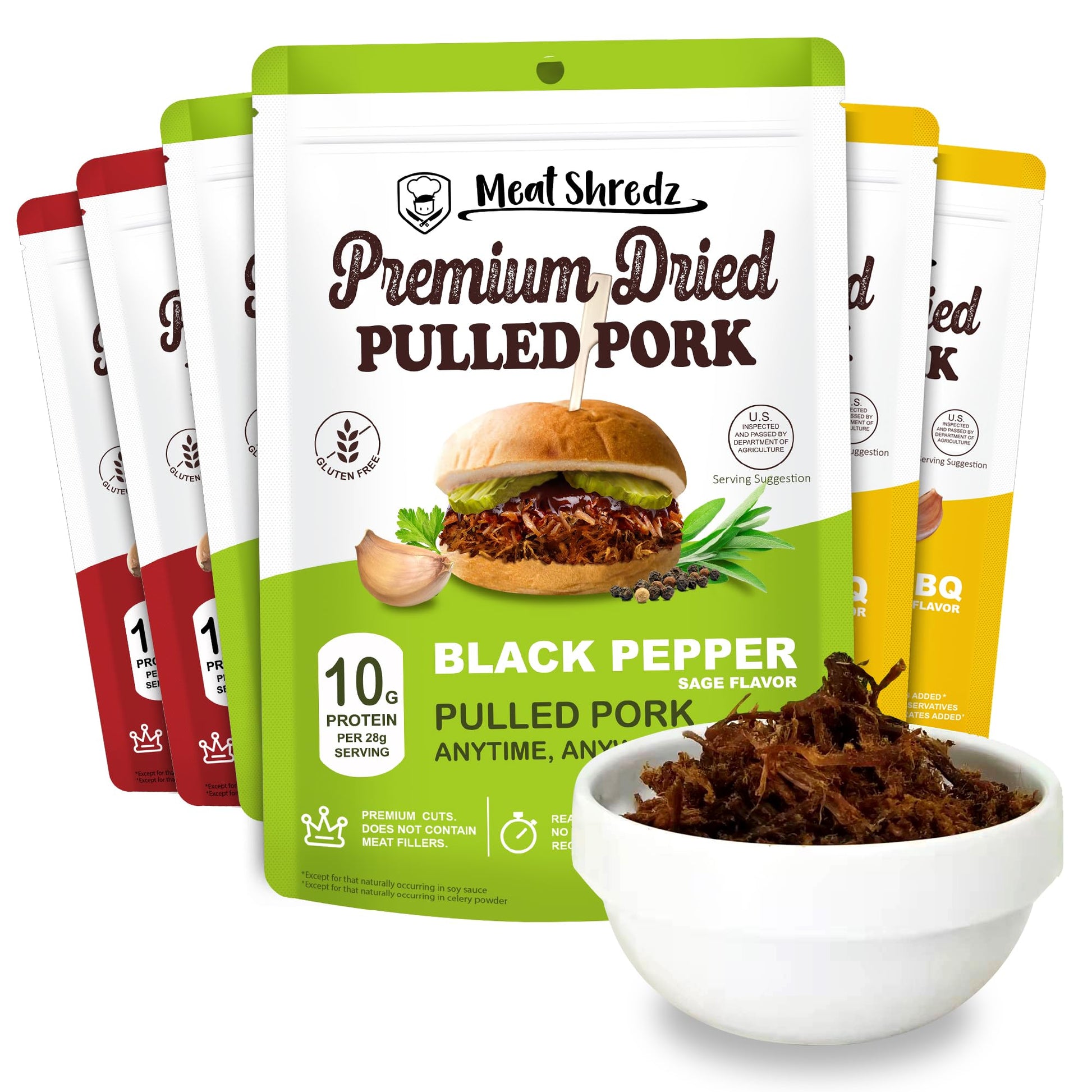 Meat Shredz - enhanced Dried Pulled Pork (Variety, 6 Pack) | Gluten Free | High Protein & Low Sugar | Bacon Bits | Dehydrated Backpacking & Camping Food | Shredded, Dried Jerky Chew Snack
