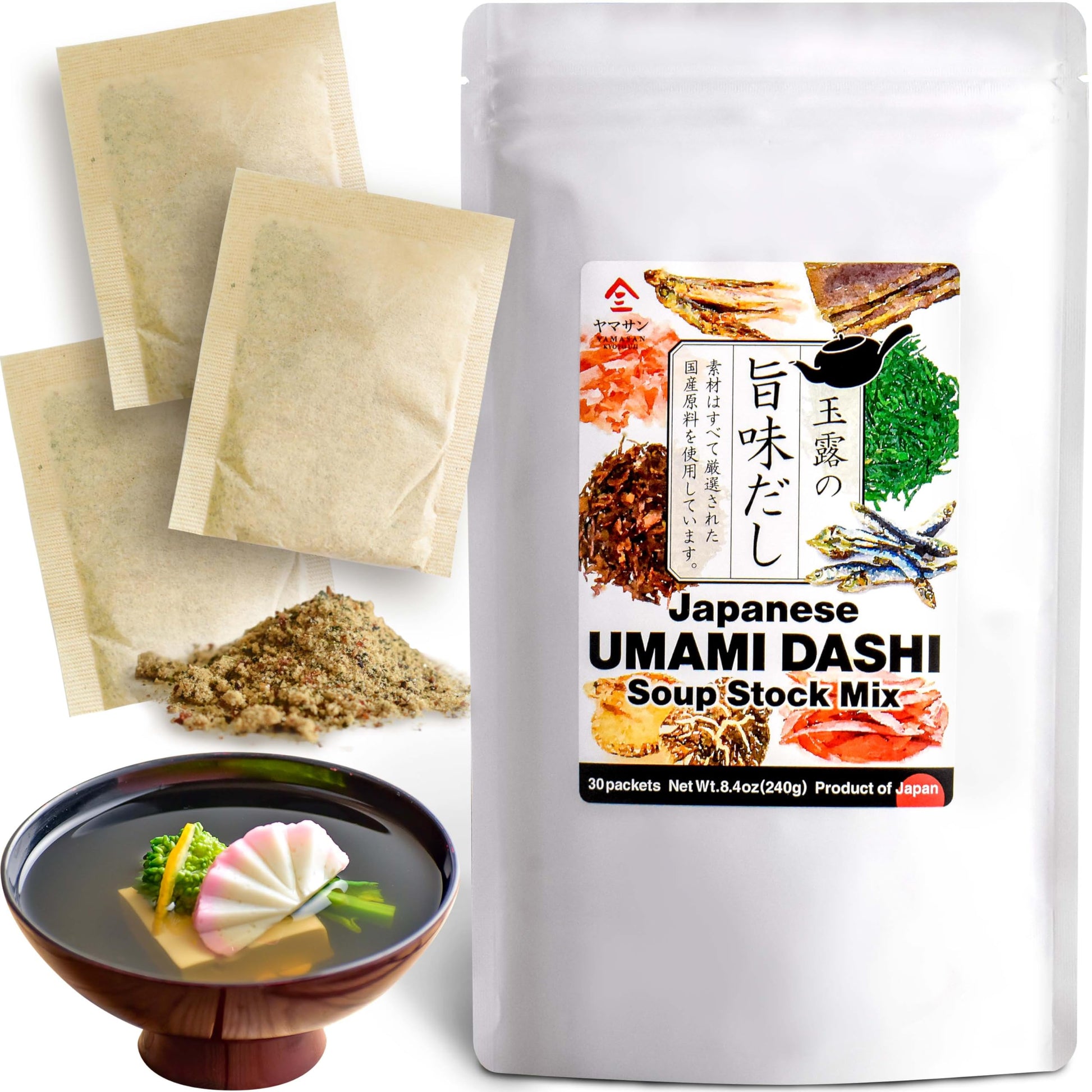 Dashi - Umami Powder Soup Stock - Japanese Food, Bonito Flakes, Kelp, Mushroom, 8G  30Pacs?Yamasan?