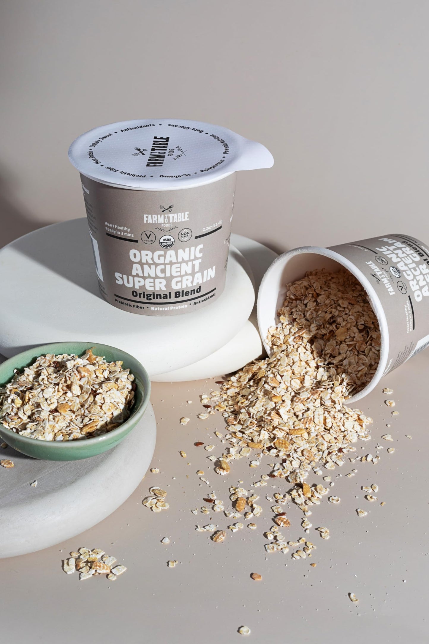 Farm To Table Foods Organic Ancient Super Grain Oatmeal Individual Serving Cups, Original Blend - High Protein, Non-Gmo, 12 Pack