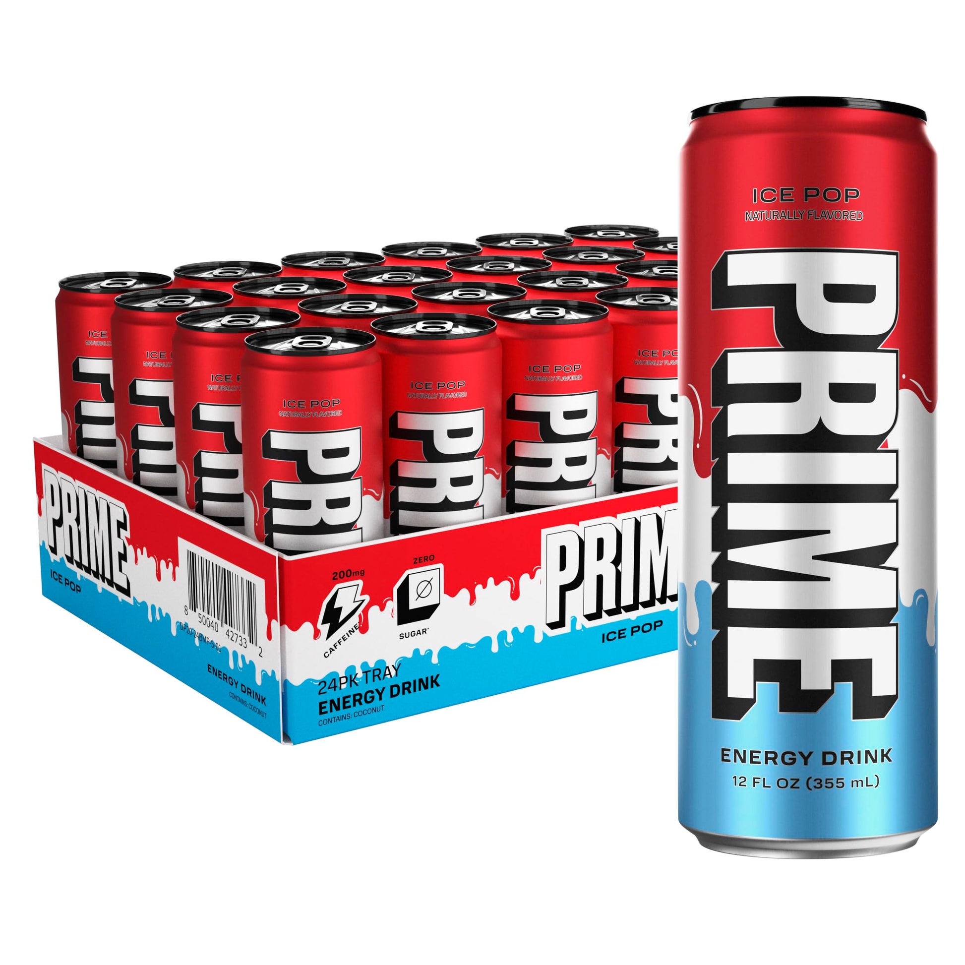 PRIME Energy ICE POP Energy Drink | Zero Sugar | 200mg Caffeine | 355mg Electrolytes | 12 Fl Oz | 24 Pack
