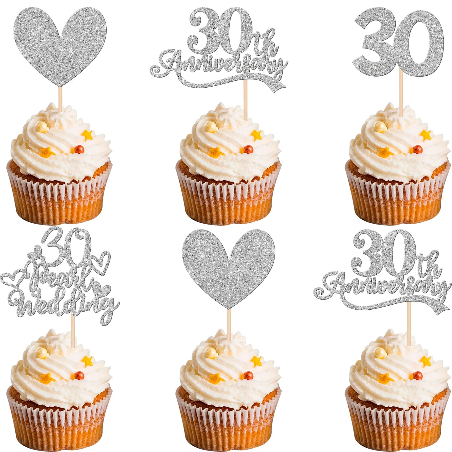 24 PCS 30th Anniversary Cupcake Toppers Silver Glitter Heart 30 Pearl Wedding Anniversary Cupcake Picks for Cheers to 30 Years B