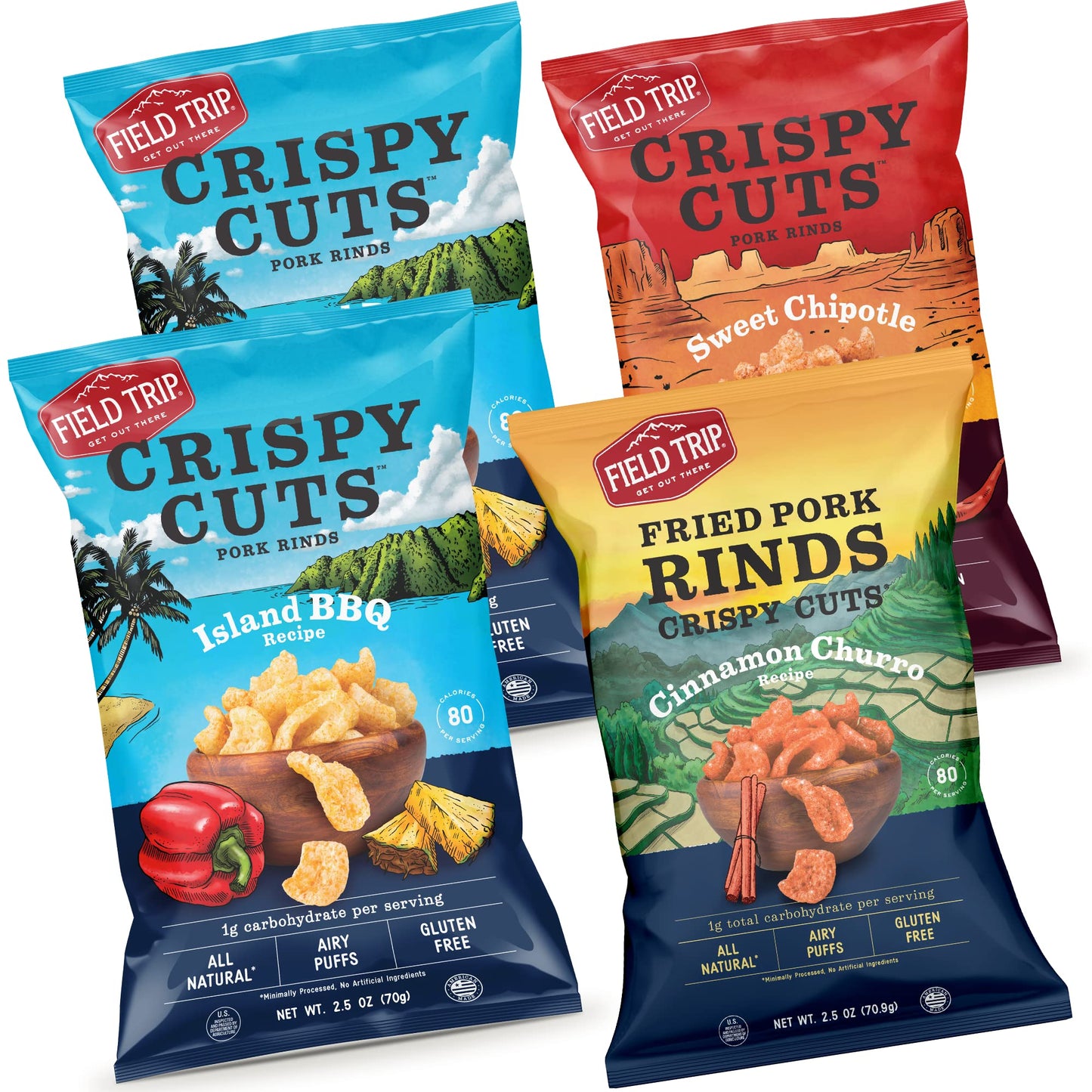 Field Trip Gluten Free Pork Rinds, Paleo And Keto Friendly Airy Puffs, Crunchy High Protein Snacks, Low Carb Snack From Back Pork Skins, 2.5Oz Bag, 4 Variety Pack, Holiday & Christmas Gift Item