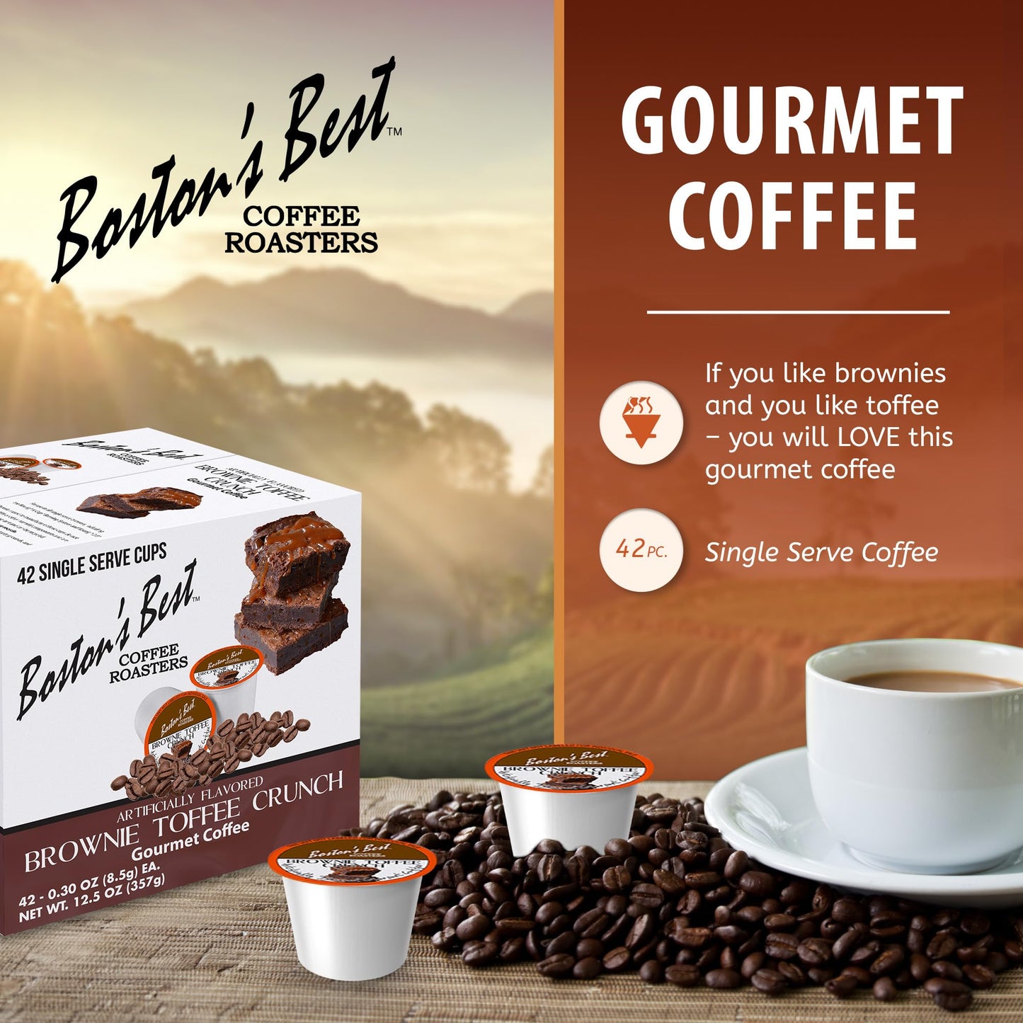 Bostons Best Gourmet Coffee - Brownie Toffee Flavor, Medium Roast, 42 Single Serve Cups, Compatible with Keurig Coffee Maker