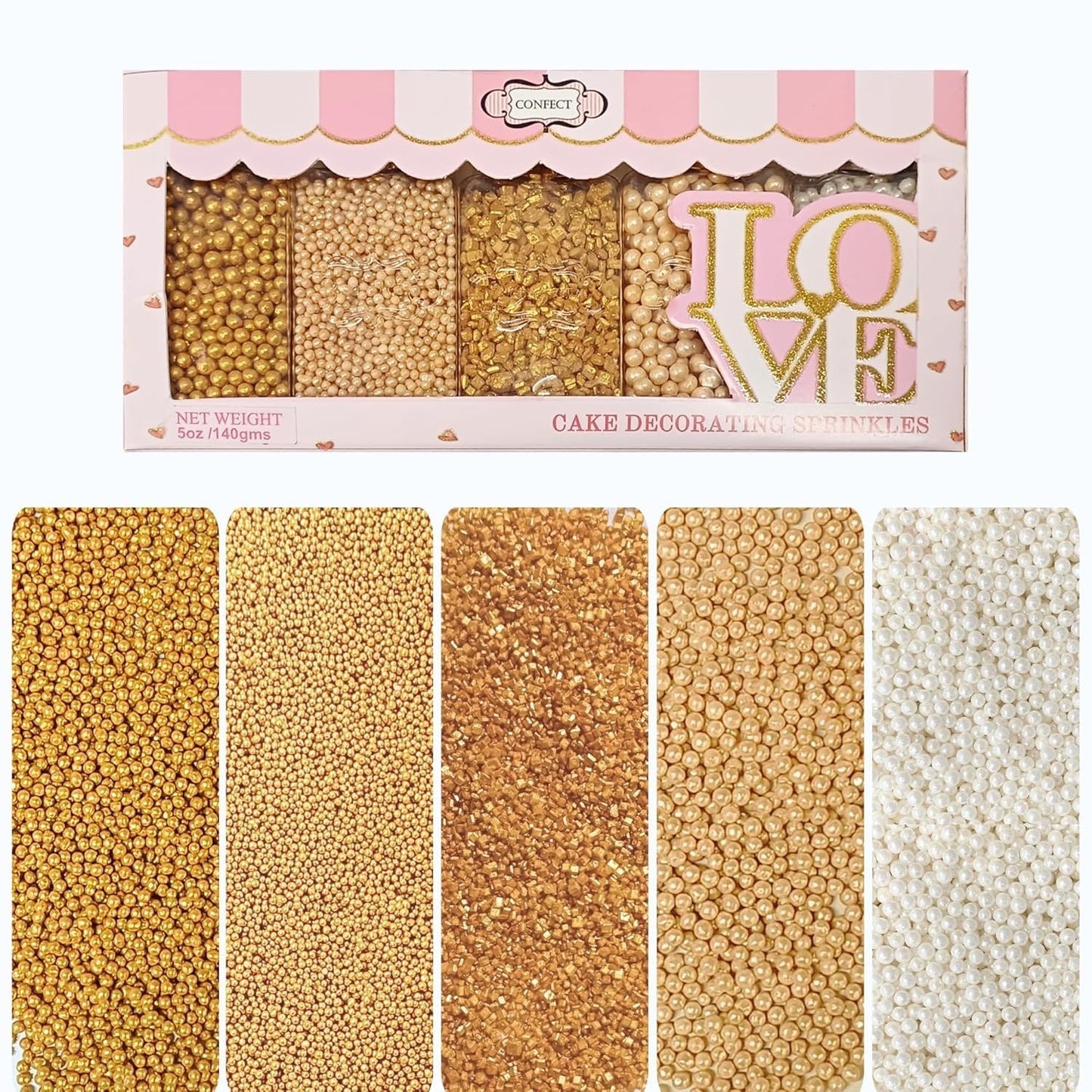 Confect Pearl Sprinkles Mix - Vegan, Gluten-Free, Nut-Free, 5 Oz, Champagne Gold