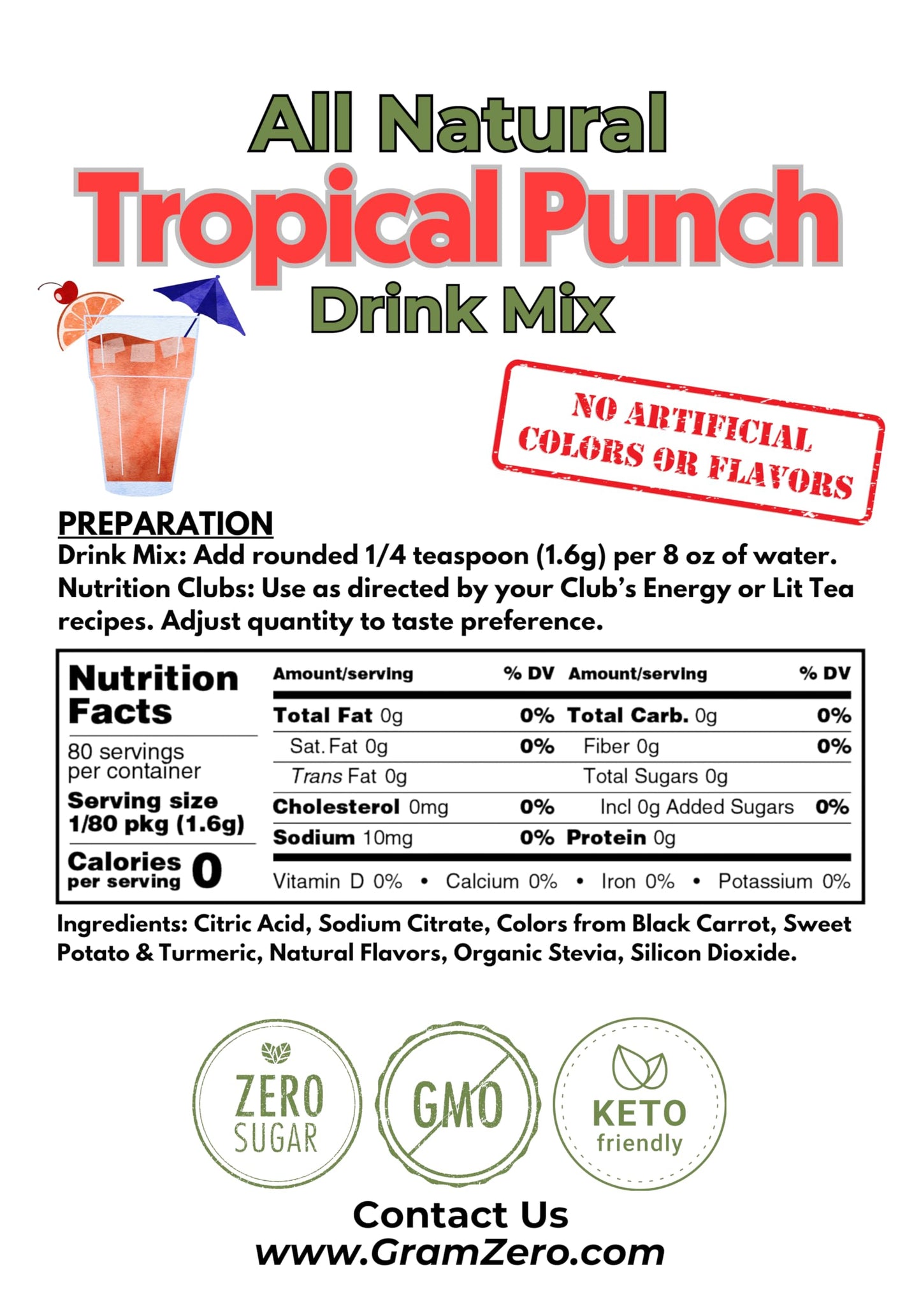 Gramzero All Natural Tropical Punch Zero Calorie Sugar Free Drink Mix, Great For Nutrition Club Loaded Tea, Stevia Sweetened