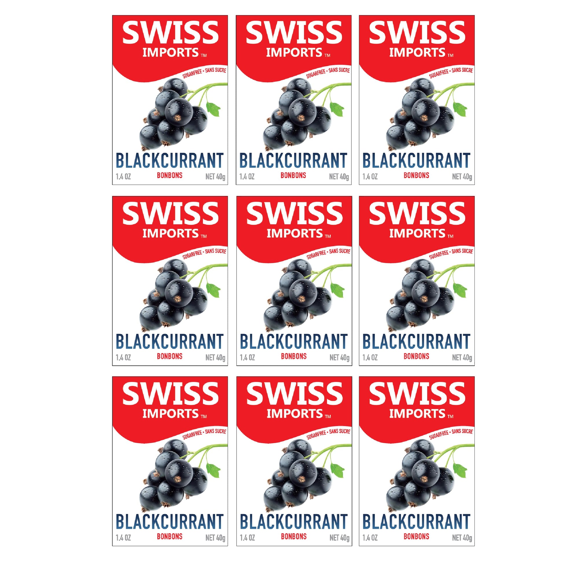 Swiss Imports Sugar Free Bonbons Hard Candy Drops, Blackcurrant, 1.4 Oz/ 40G Box, 9 Pack
