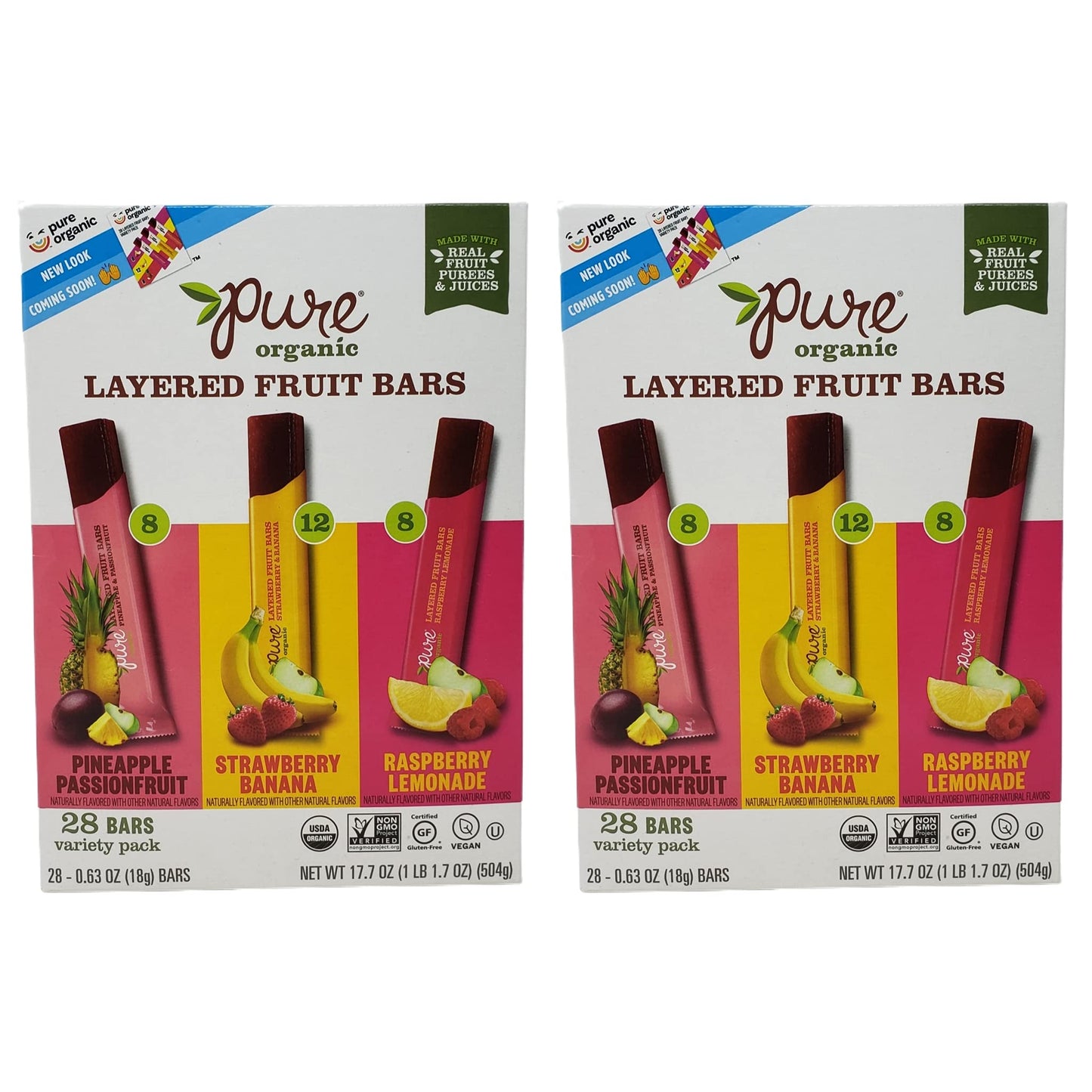 Pure Organic Layered Fruit Bars - Pineapple Passion Fruit, Strawberry Banana, Raspberry Lemonade - 56 Count Box