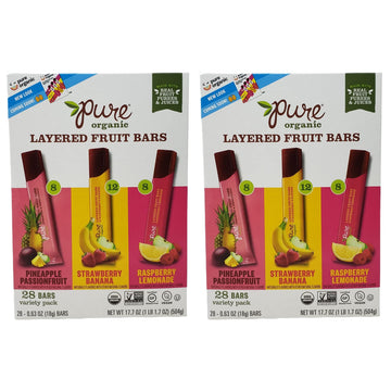 Pure Organic Layered Fruit Bars - Pineapple Passion Fruit, Strawberry Banana, Raspberry Lemonade - 56 Count Box