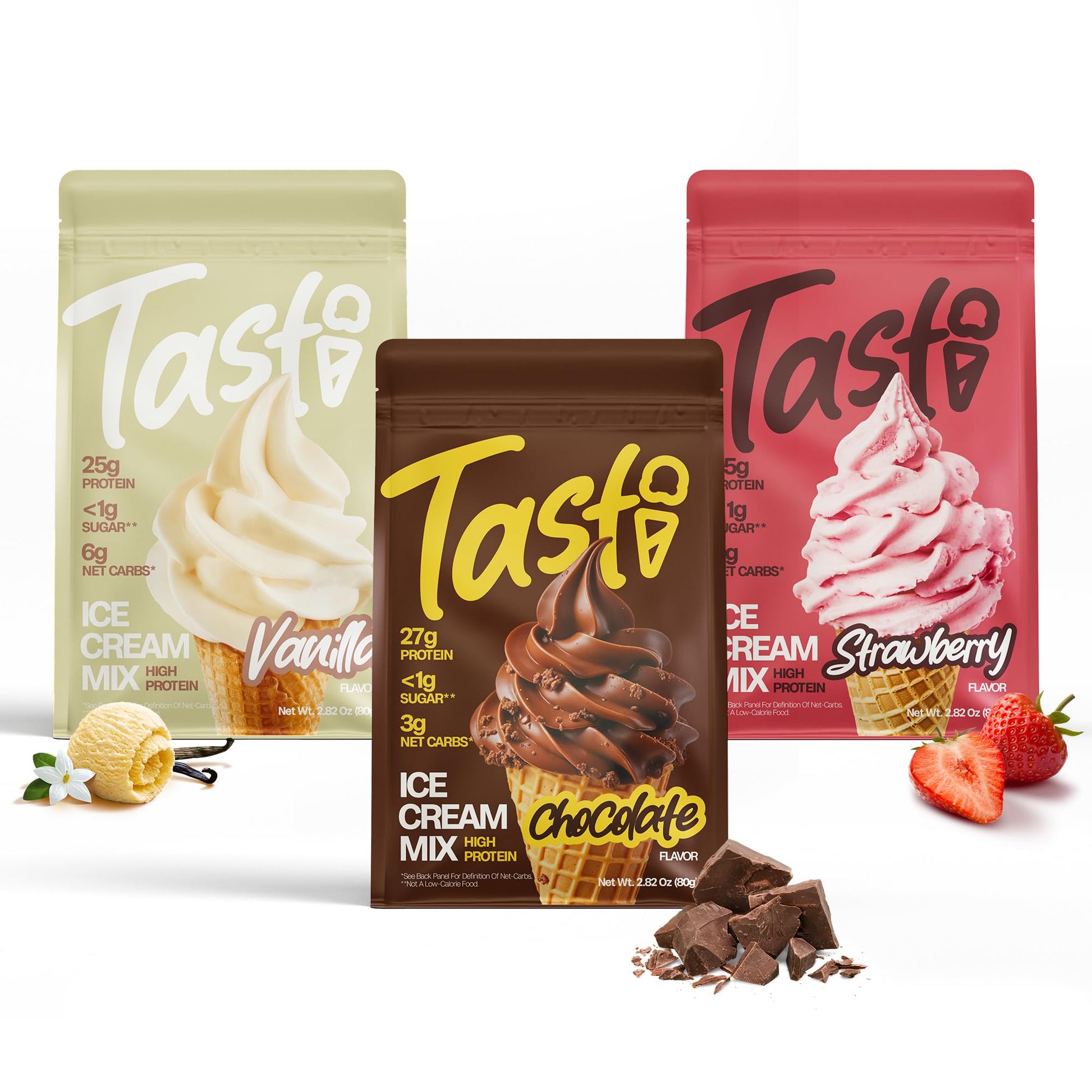 TASTI High-Protein Ice Cream Mix - Chocolate  Vanilla  & Strawberry Low Sugar Ice Cream Powder - Made for Ninja Creami  Soft Serve Mix with 