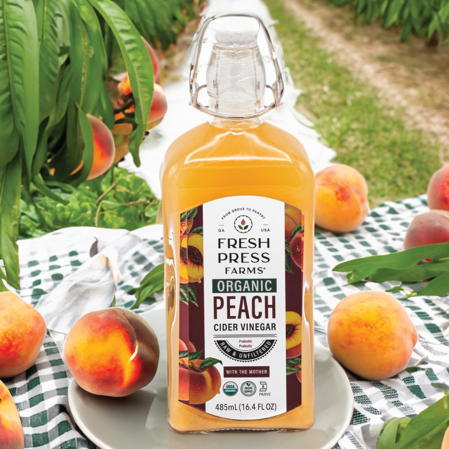 Fresh Press Farms Organic Peach Cider Vinegar with the Mother  16.4 Fl Oz (Pack of 2)  Georgia Made  Raw  Unfiltered  Certified Whole30  Non-GMO