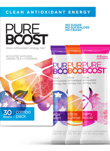Pureboost Clean Energy Drink Mix - Sugar-Free, B12, Antioxidants, Electrolytes - 30 Stick Packs - Combo Pack