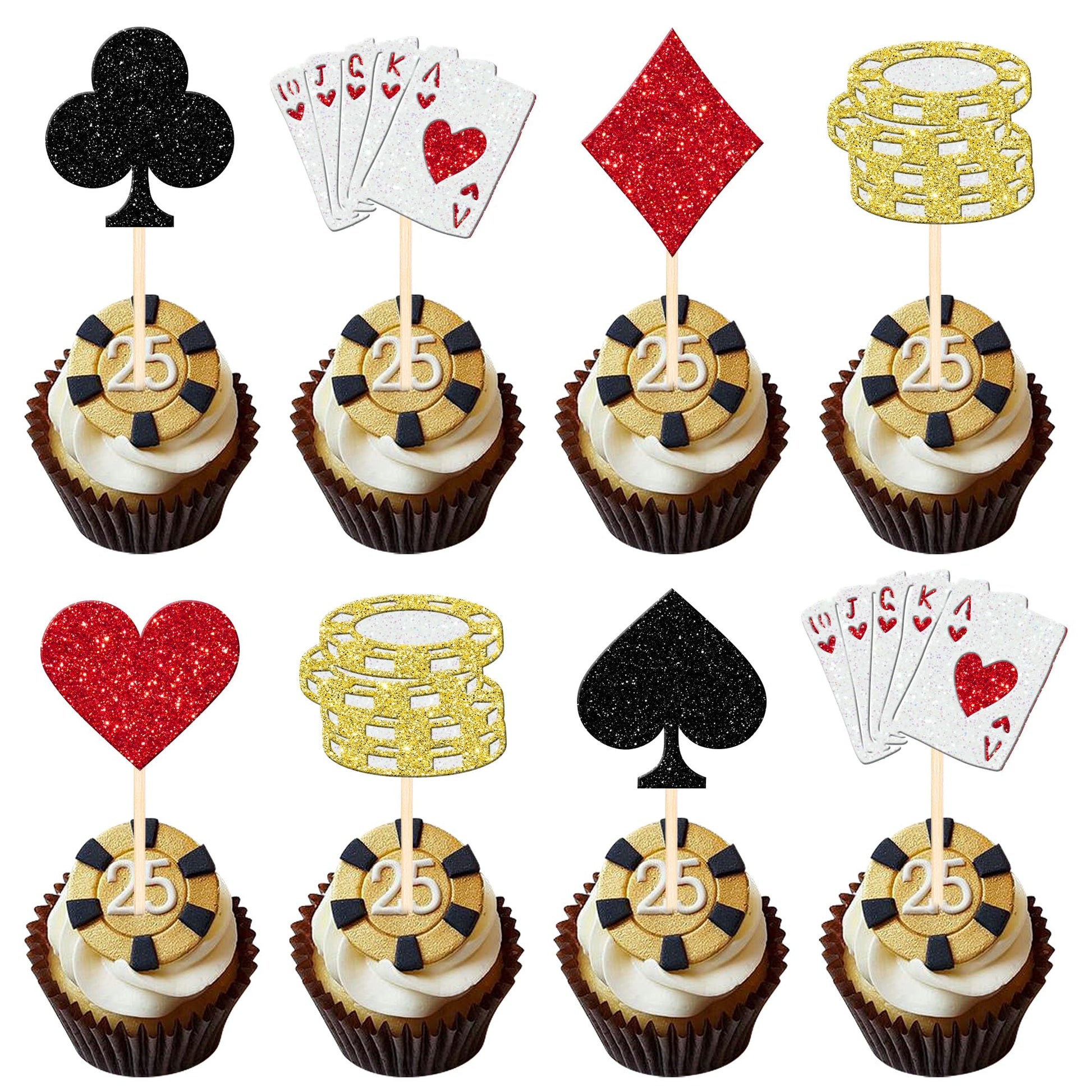 24 Pcs Board-Style Board-Style Theme Cupcake Toppers Glitter Board-Style Game Chips Player Las Vegas Board-Style Cupcake Picks For Las Vegas Board-Style Night Board-Style Theme Birthday Party Cake Decorations Supplies