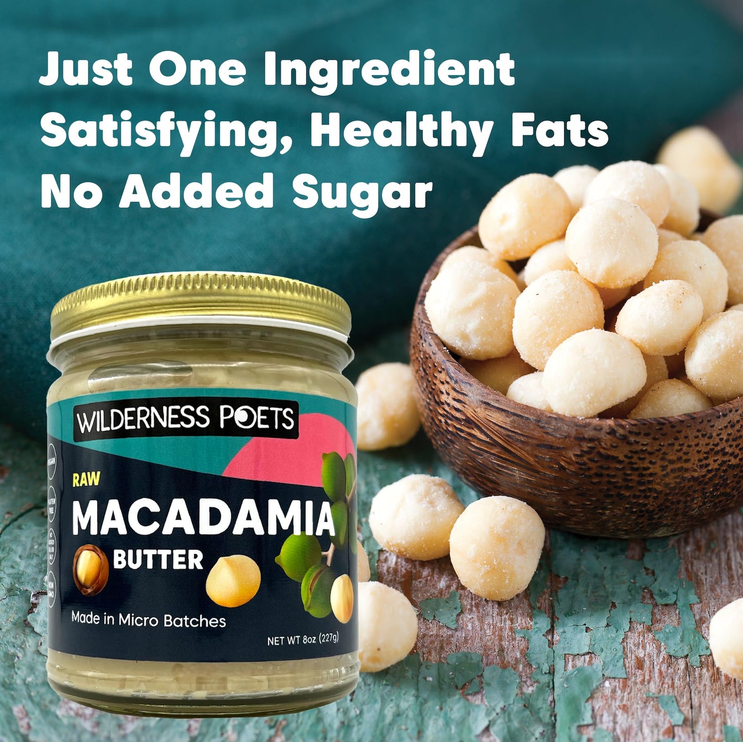 Wilderness Poets, Raw Macadamia Nut Butter - Keto, Vegan, No Salt (8 Ounce) - Glass Jar