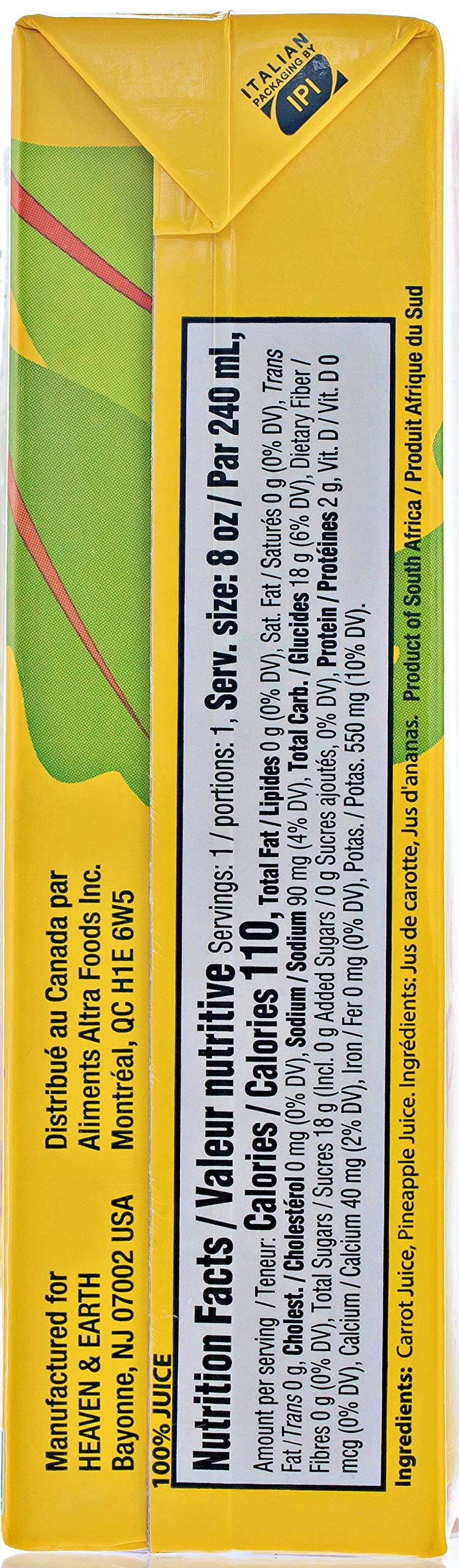 Heaven & Earth 100% Carrot & Pineapple Juice, 11.16Oz (10 Pack) 100% Juice | No Sugar Added | Straw Included | Gluten Free Non G