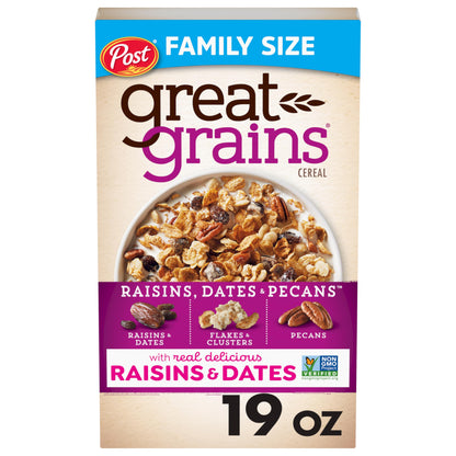 Post Great Grains Raisins Dates and Pecans Breakfast Cereal, Raisin Cereal with Sweet Dates and Granola Clusters, Non-GMO Projec
