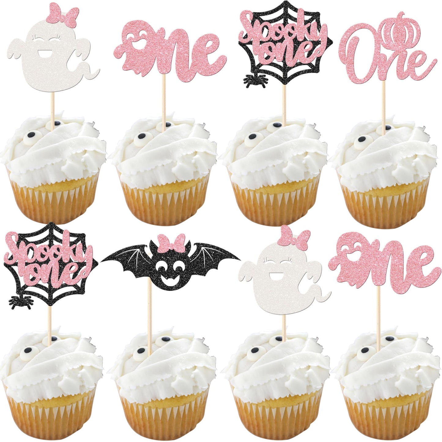 Rsstarxi Halloween Cupcake Toppers, 30 Pack, Ghost Bat Spider Pumpkin, Paper, Design 13 Pink, Model XM469-pink