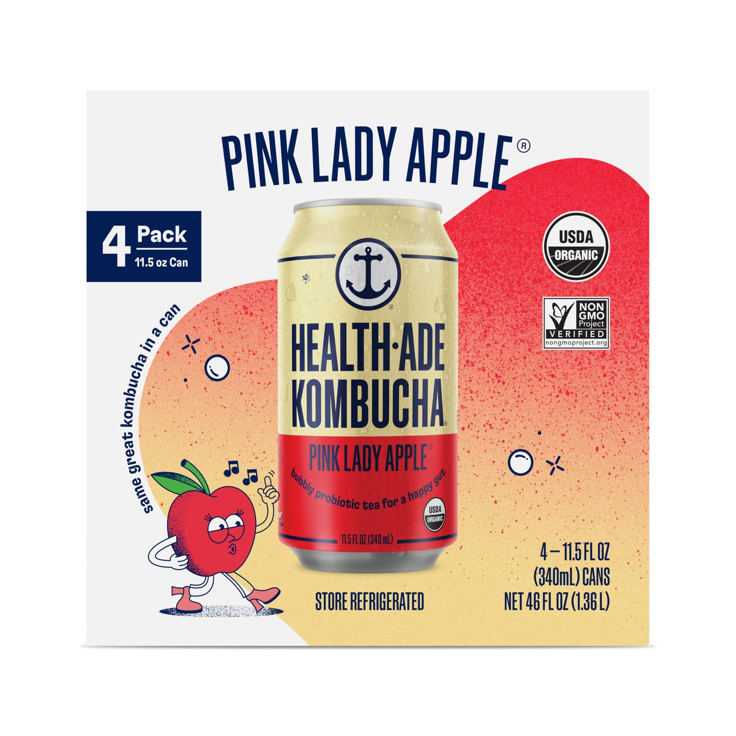Health-Ade Pink Lady Apple Organic Kombucha, 11.5oz Cans 4-Pack