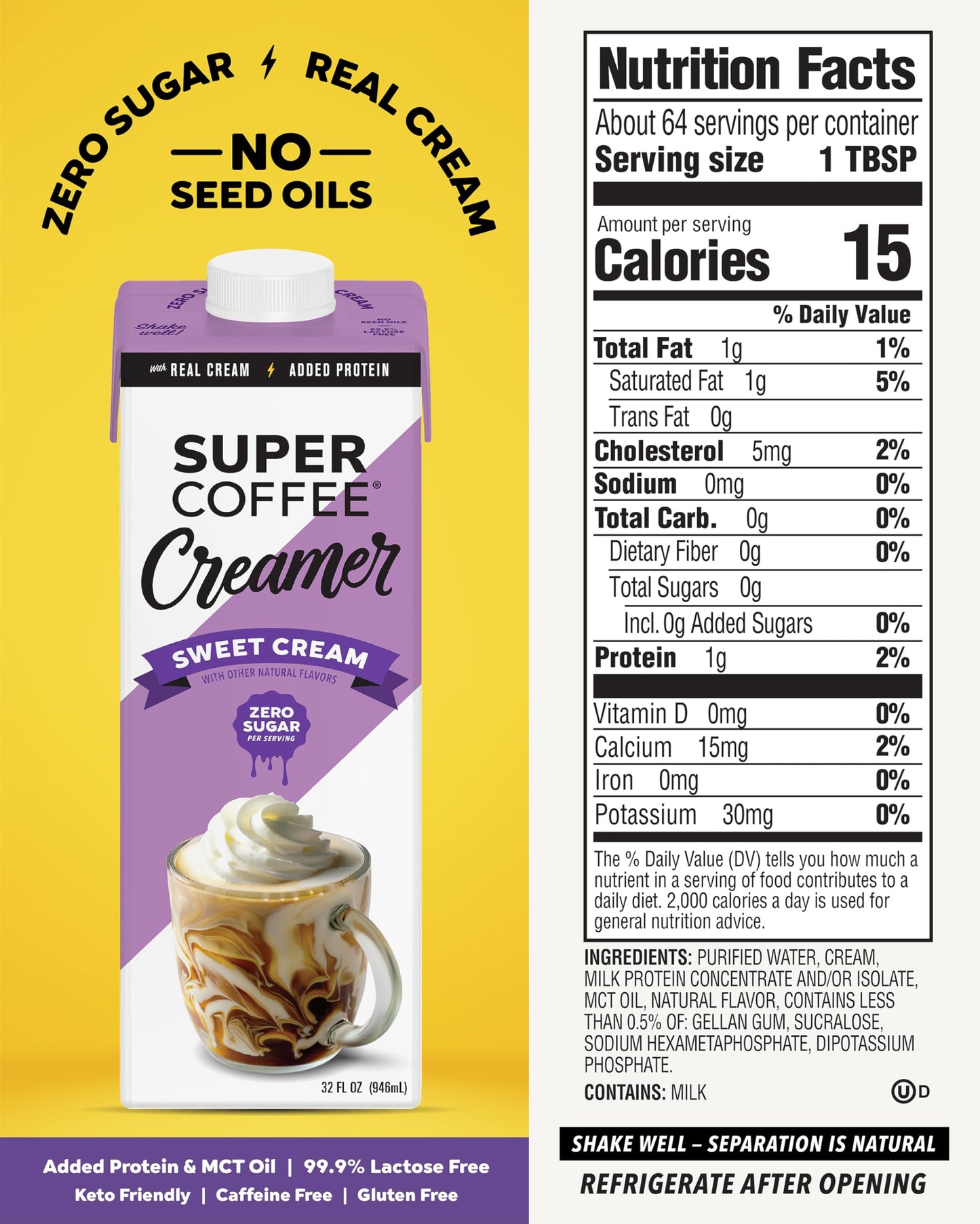 Super Coffee Creamer, SugarFree Creamer (0g Sugar, 1g Protein, 15 Calories) [Sweet Cream] 32 Fl Oz, 6 Pack | Keto Coffee