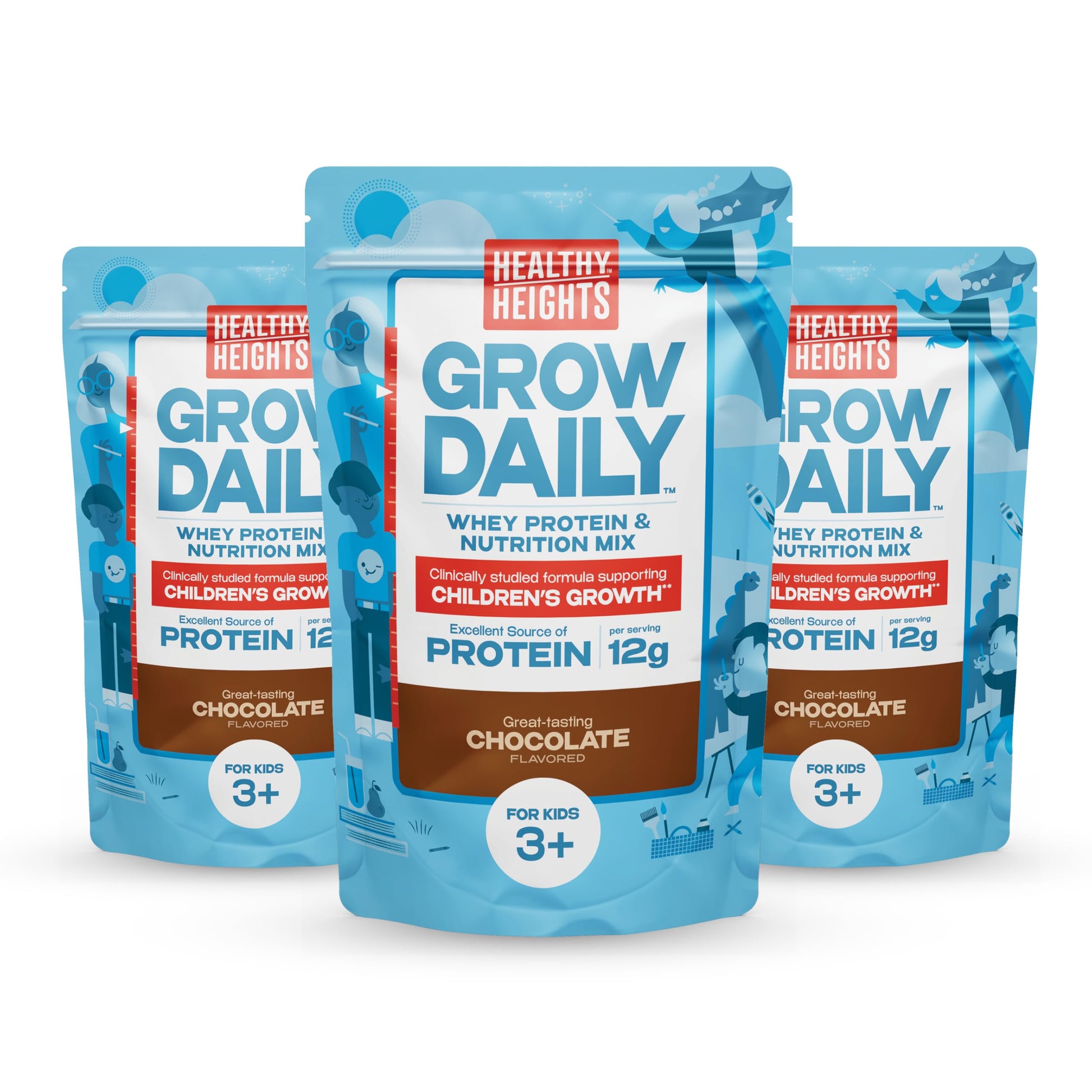 Healthy Heights Grow Daily Kids Protein Drink Mix, Chocolate, 3 Pack, 23.09 Ounce