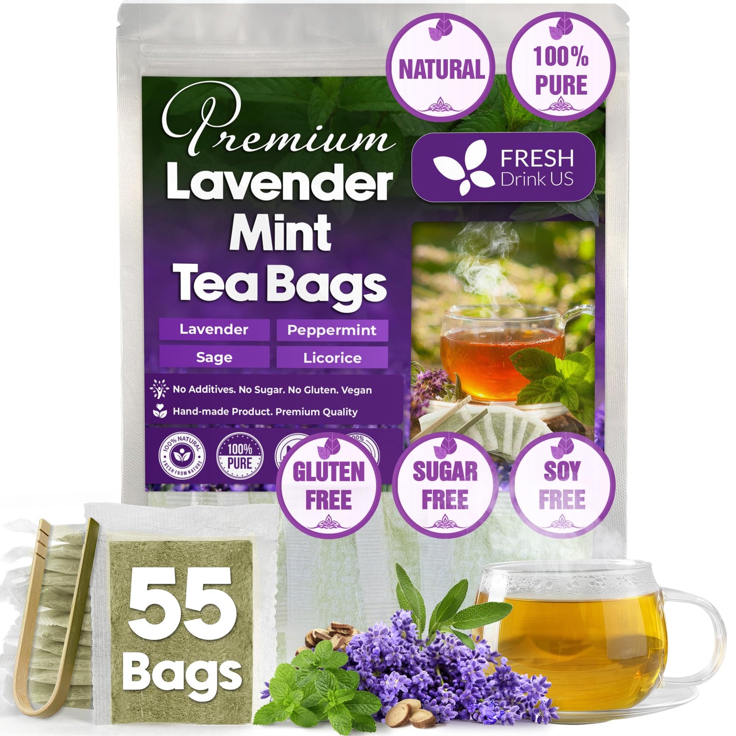 FRESHDRINKUS Lavender Mint Tea Bags, 100% Natural, 55 Count, Vegan, No Sugar, No Caffeine