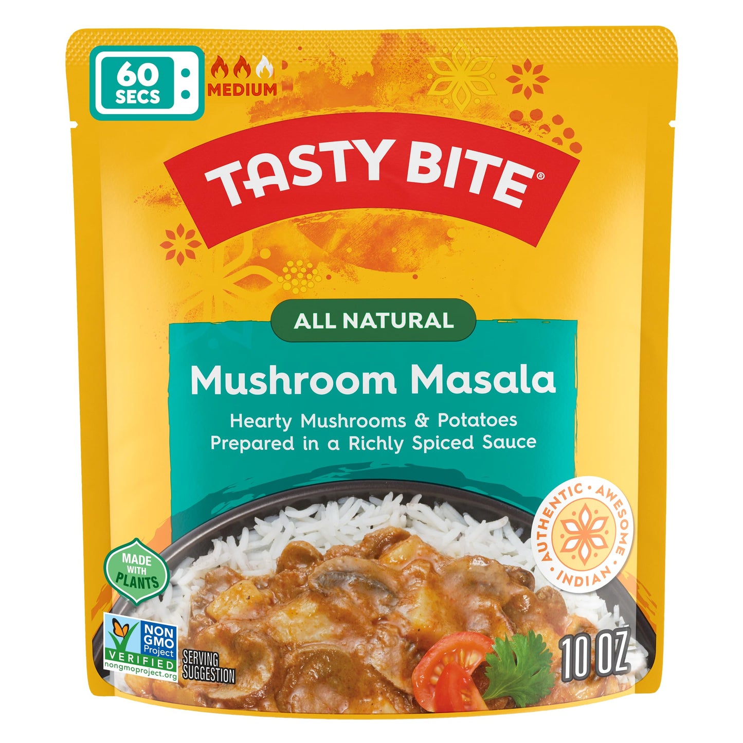 Tasty Bite Mushroom Masala, 10 Ounce Pack of 6 - Ready to Eat Vegan Entree with Mushrooms & Potatoes, Microwavable Meal