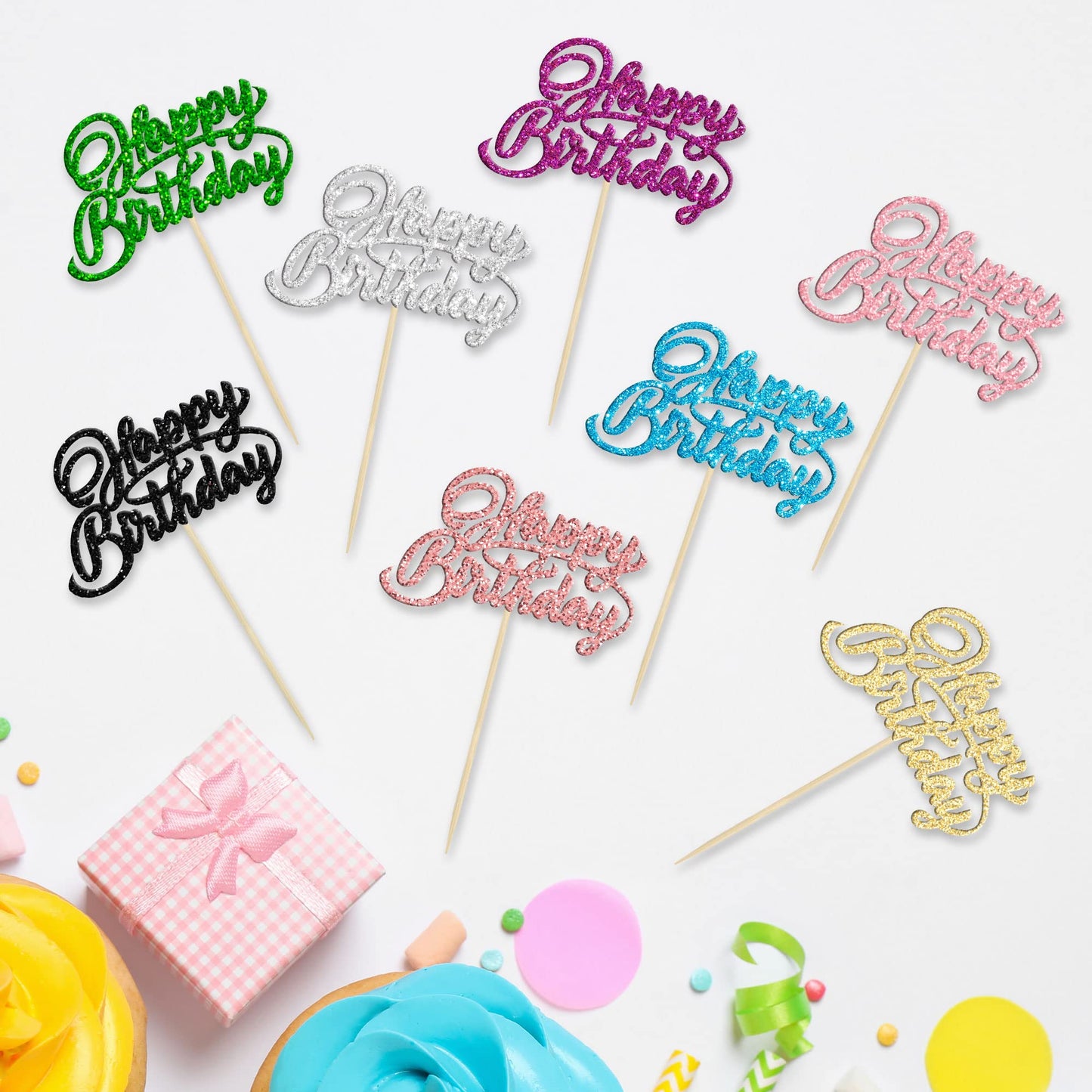 24Pcs Happy Birthday Cupcake Toppers 8 Colors Glitter Birthday Cupcake Picks For Celebrating Baby Shower Kids Birthday Anniversa