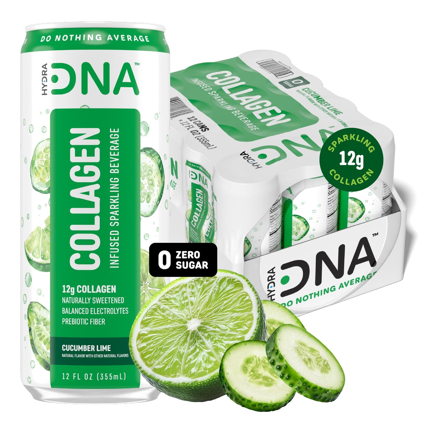 HYDRADNA Sparkling Liquid Collagen Protein Water - Sugar-Free, Keto-Friendly - 12 Fl Oz (Pack of 12) - Cucumber Lime Flavor