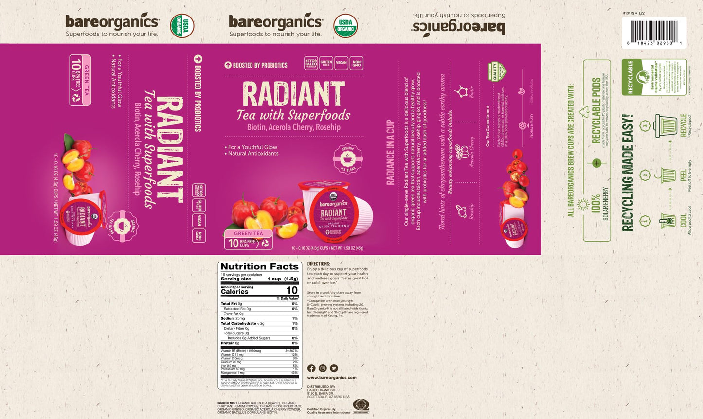 BareOrganics Radiant Tea withuperfoods & Probiotics | Compatible Tea Pods | USDA Certified Organic, Vegan, Non-GMO & Recyclable,