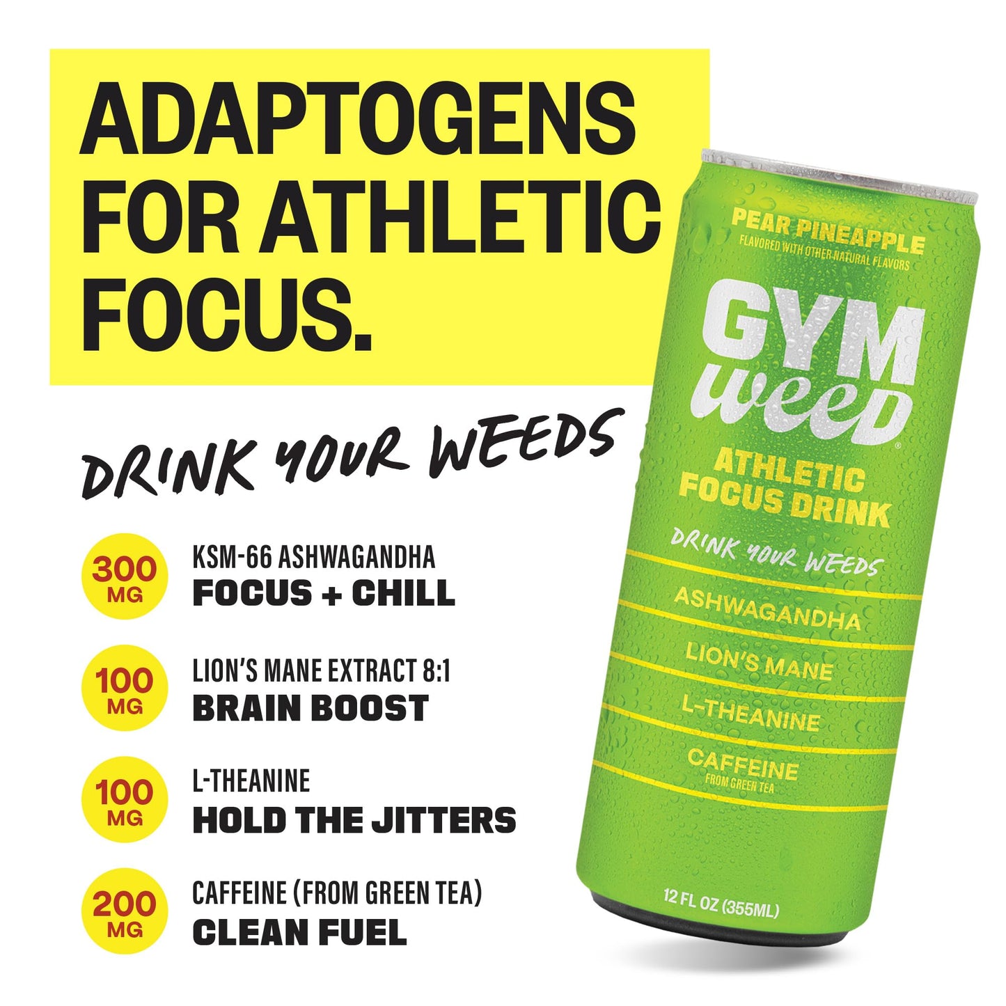 GYM   Athletic Focus Drink, KSM-66 Ashwagandha, Lions Mane, L-Theanine, Green Tea Caffeine, Pear Pineapple Flavor, 12 Pack