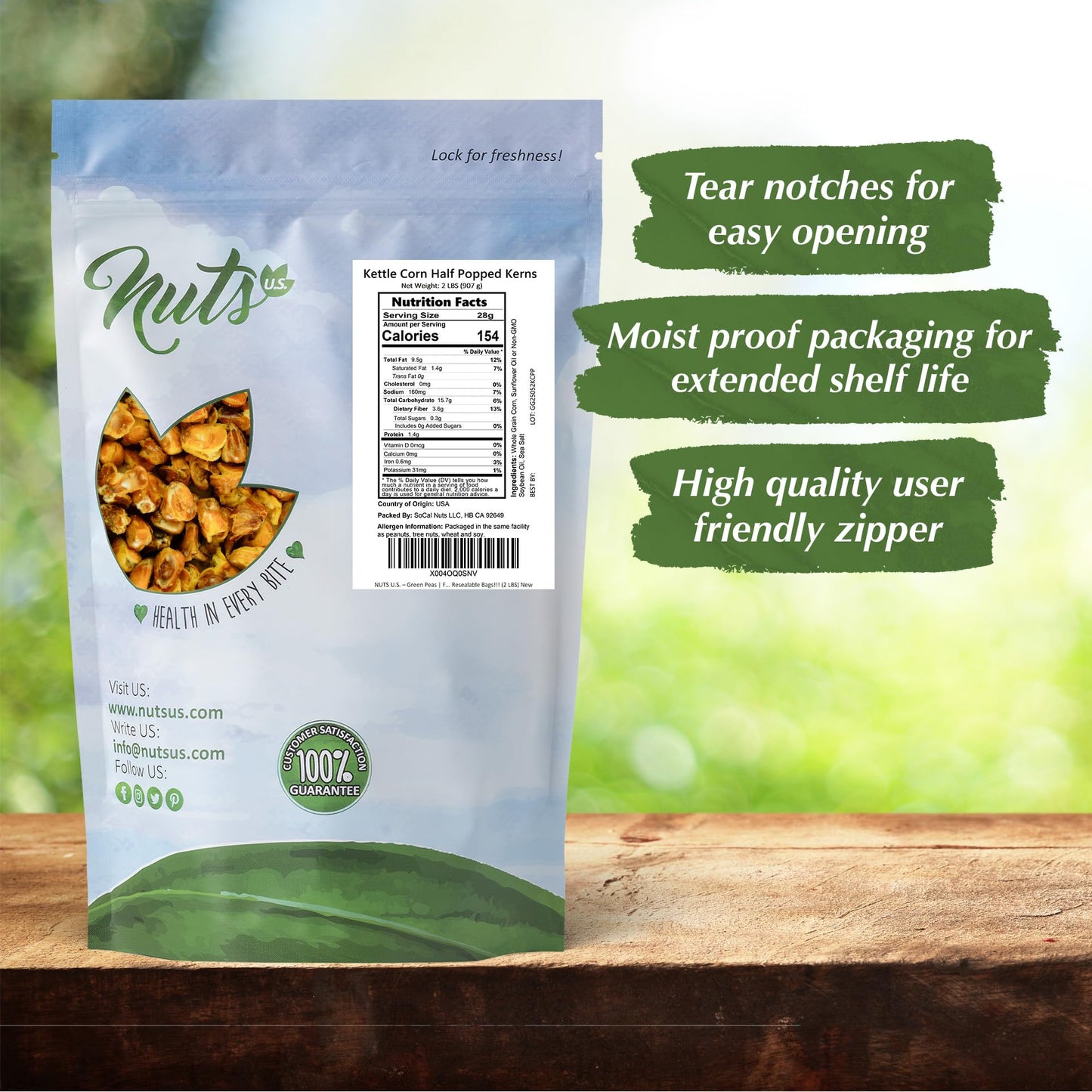 NUTS U.S. - Kettle Corn Half-Popped Kerns-Crunchy, Salty Snack - Non-GMO, Gluten-Free, No Artificial Flavors - 2 LB