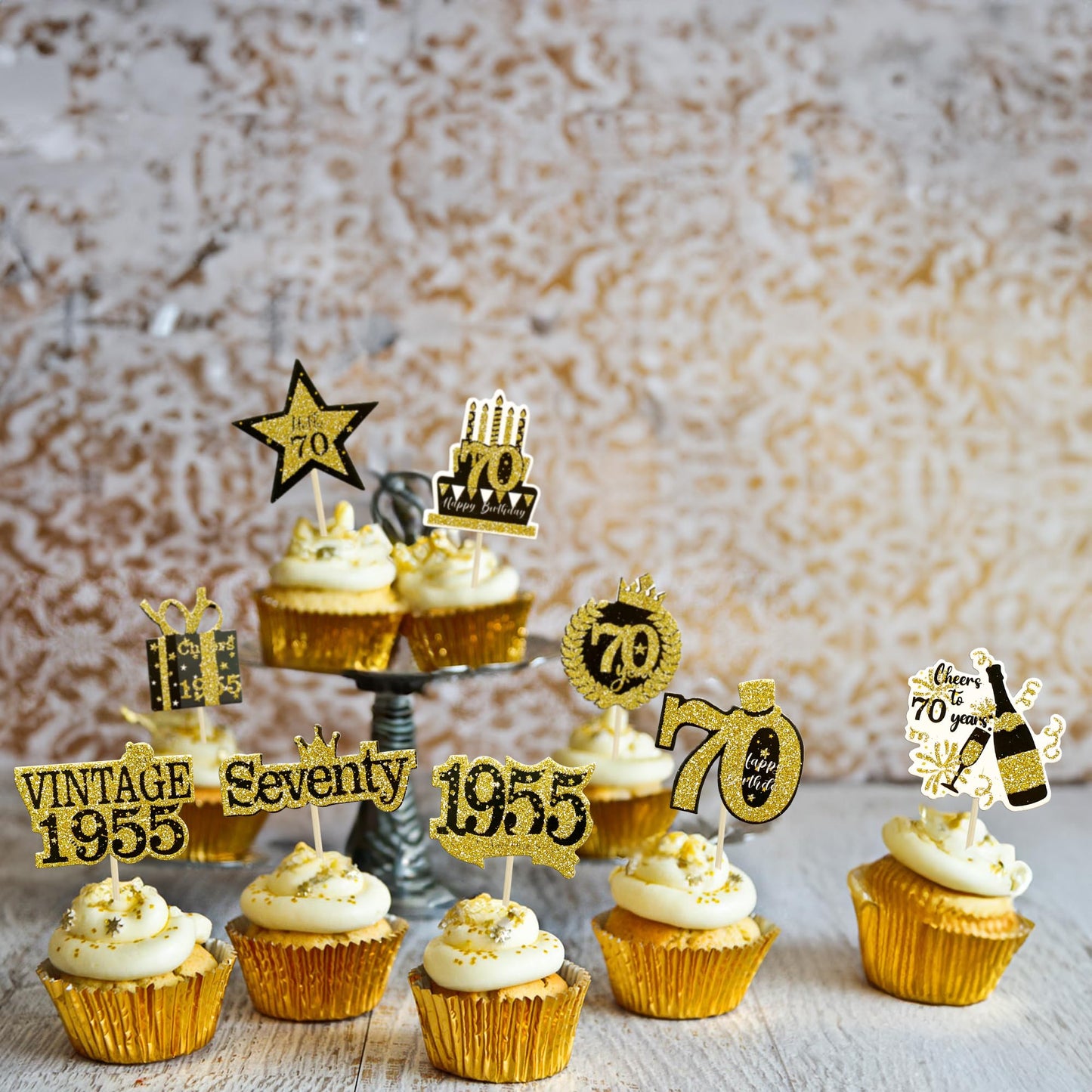 Gyufise 36Pcs Happy 70Th Birthday Cupcake Toppers Glitter Black Gold Seventy Hello 70 Vintage 1955 Cupcake Picks Cheers To 70 Ye