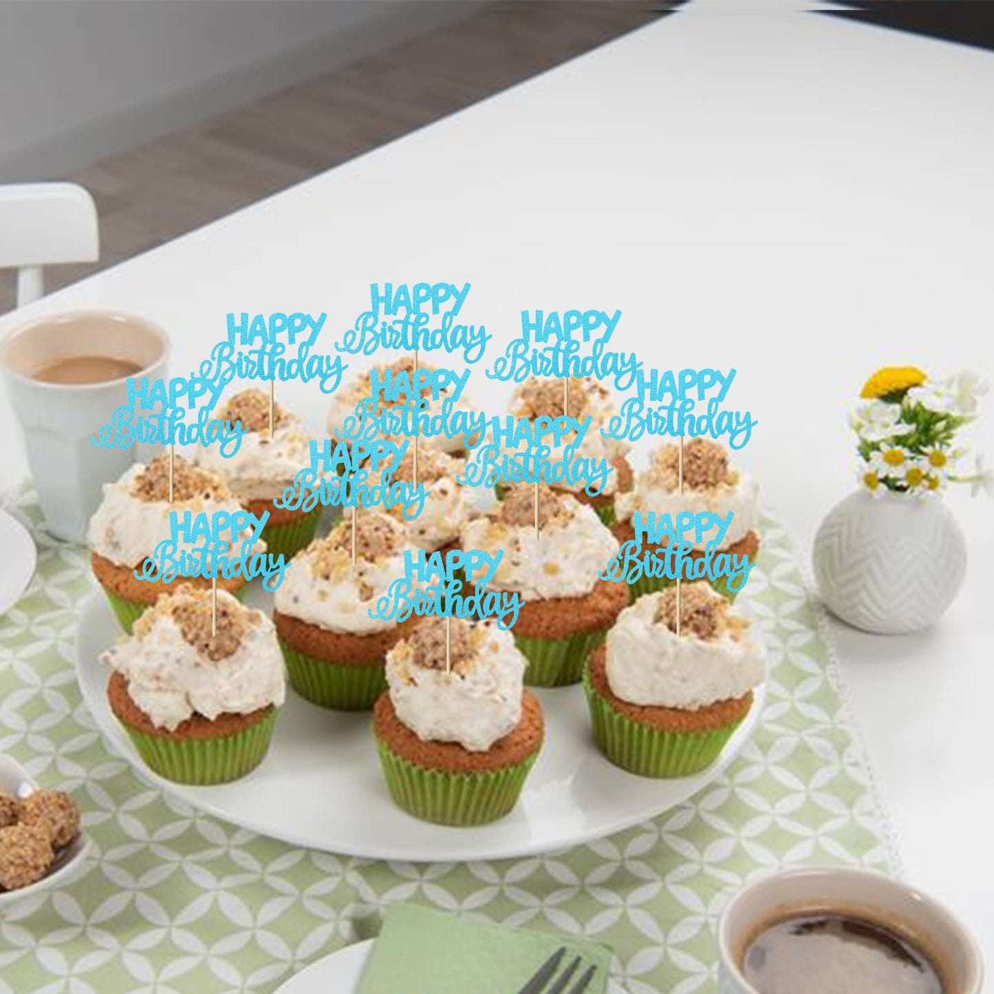 YCTHUNFISH 24 Pack Cupcake Toppers - Glitter Blue Bamboo Picks for Birthday & Baby Shower Party Decorations