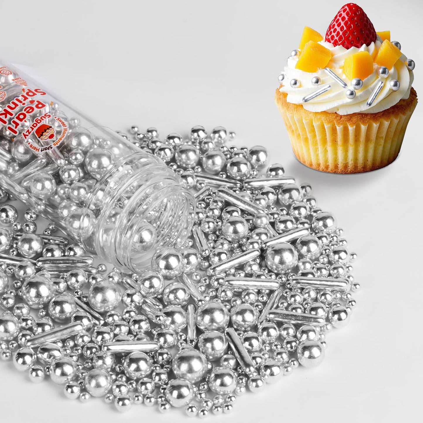 Sugarzy Edible Pearl Sprinkles Mix, Silver Rod, 130g/4.58oz, Cake Decorations, Cupcake Toppers, Holiday Supplies