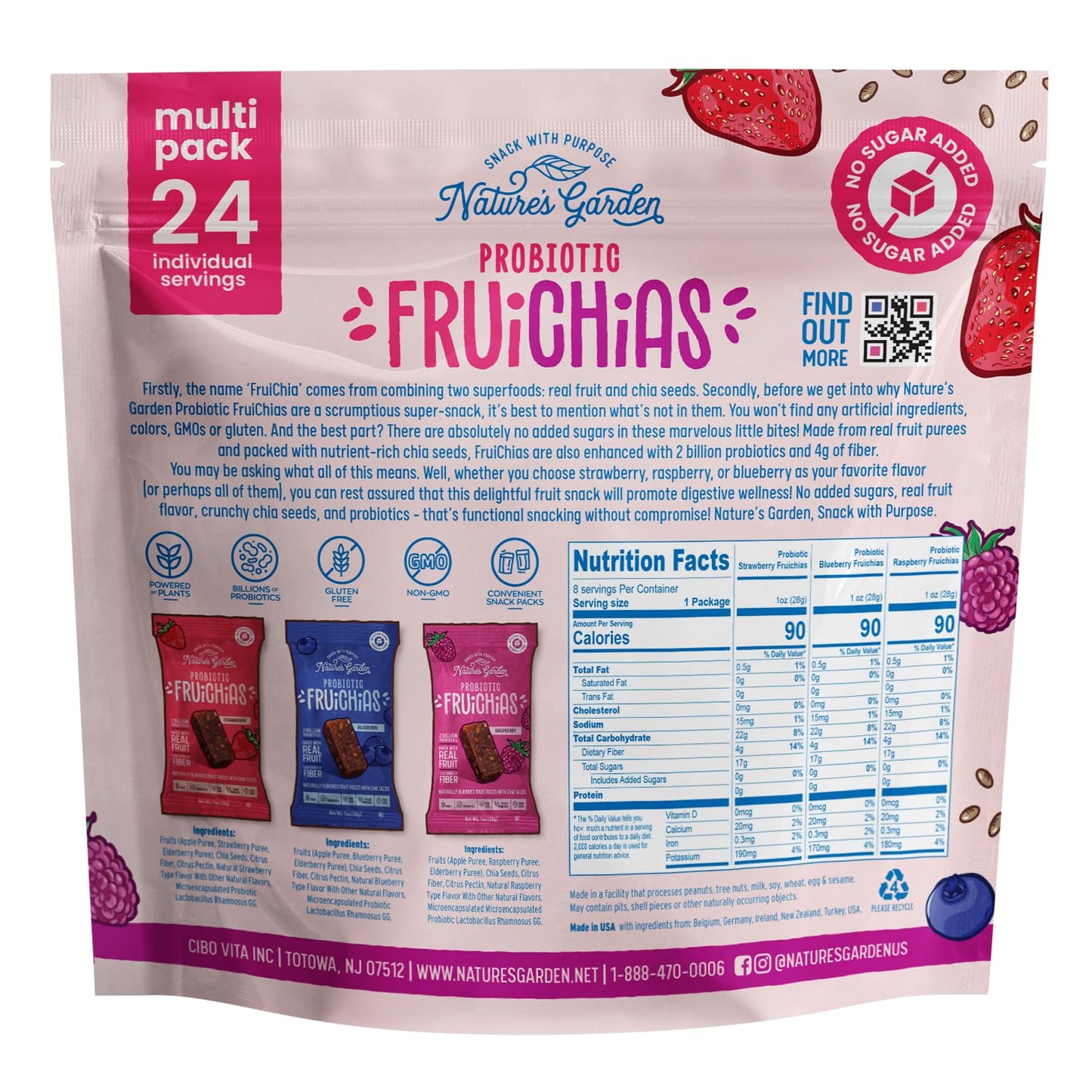 Nature'S Garden Probiotic Fruichias Variety Pack - 24 Pack X 1Oz, Probiotic Fruit Snack With Chia Seeds, Strawberry, Blueberry,