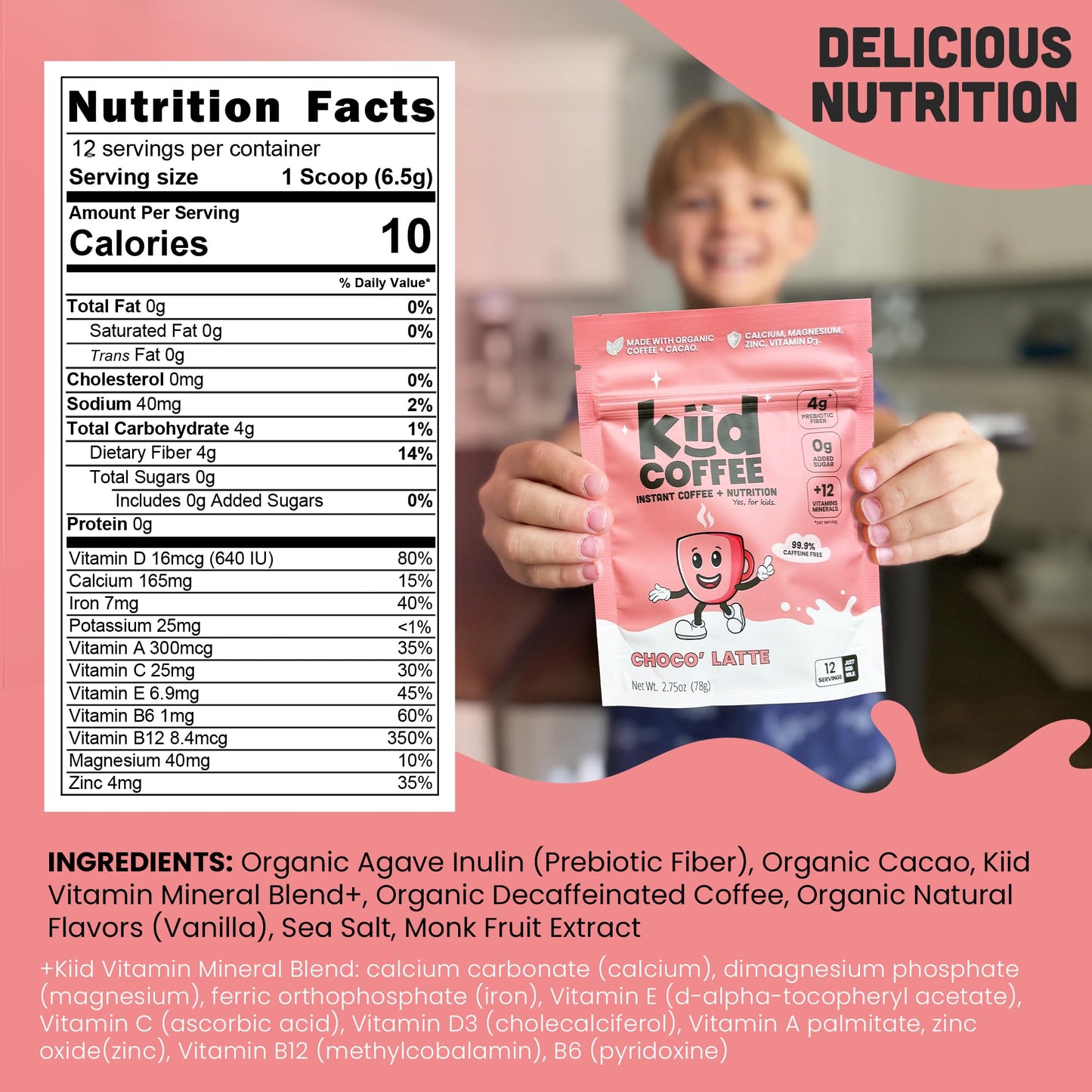 Kiid Coffee - Organic Caffeine-Free Coffee for Kids - 12 Vitamins & Minerals, 4g Prebiotics - 12 Servings - Non-GMO, Gluten-Free