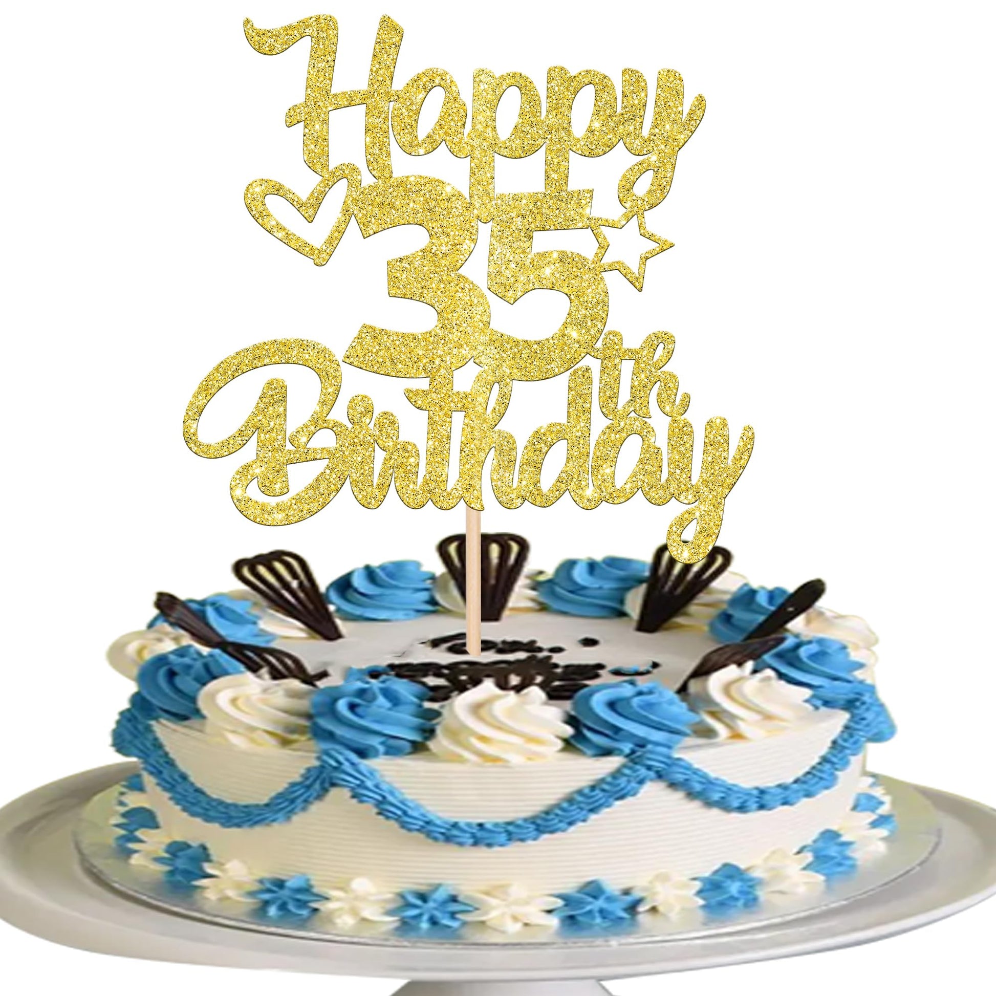 YCTHUNFISH 35th Birthday Cake Topper Glitter Heart Star Gold Bamboo Decoration