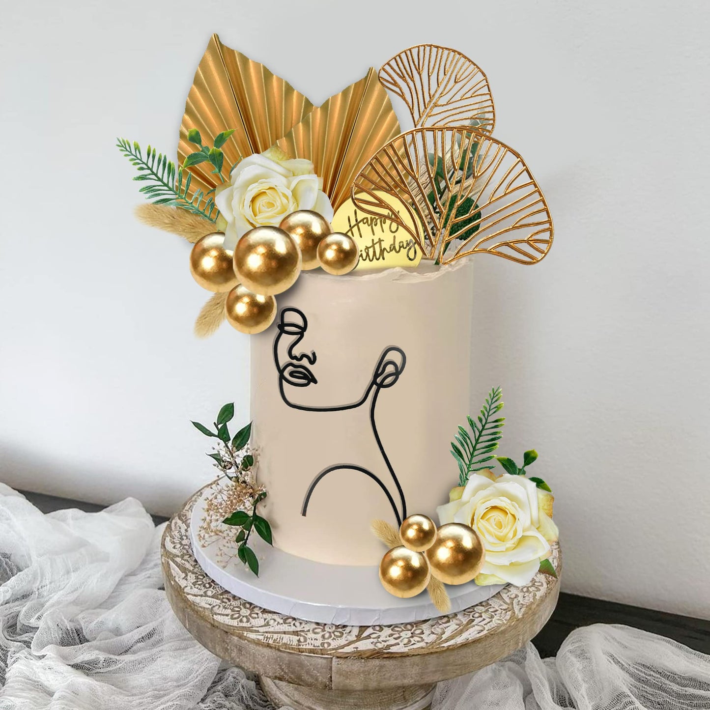 DRWATE 20 PCS Cake Toppers Set, Abstract Lady Face Lines & Ginkgo Leaves, Acrylic, Gold, Multicolor, Model GCMGL10023