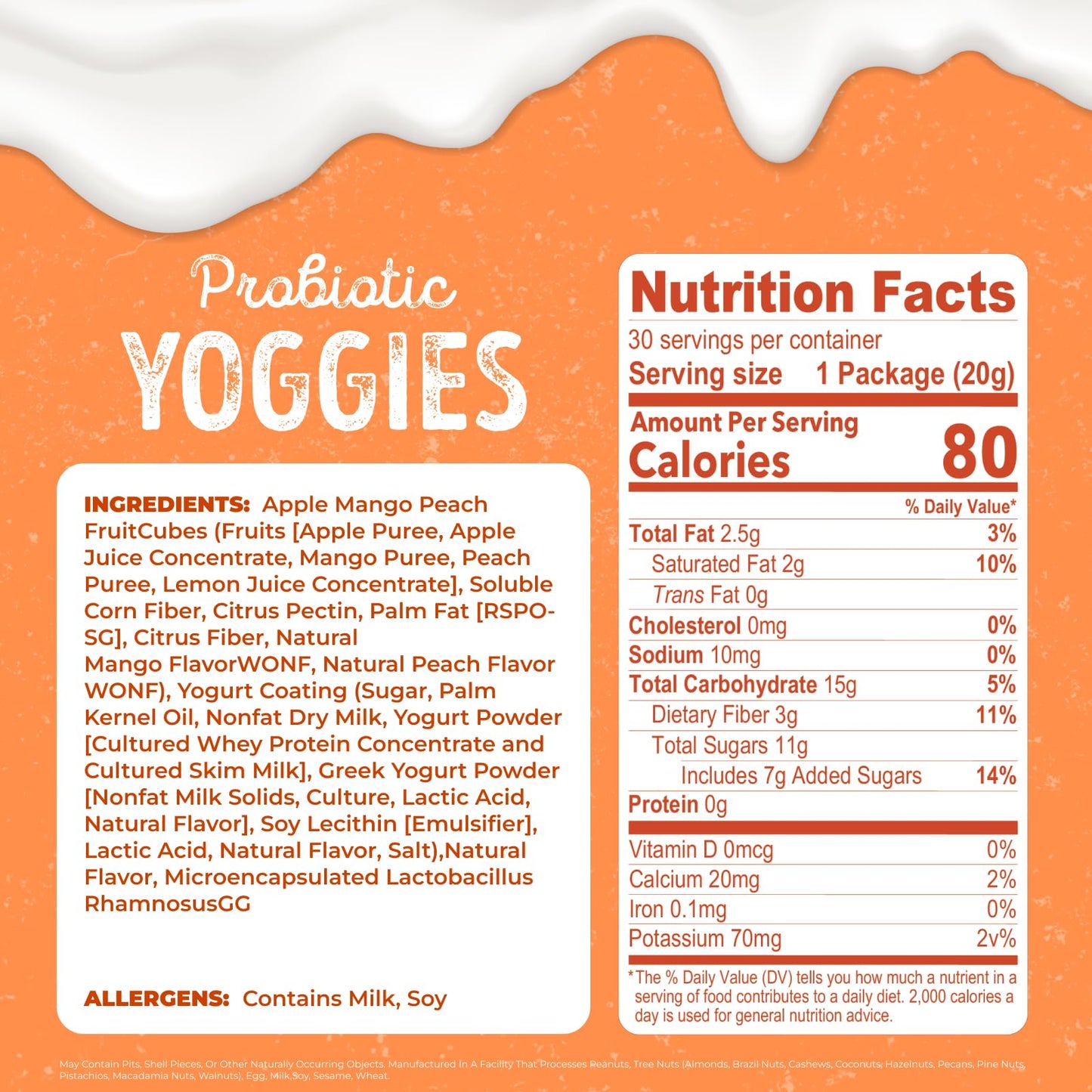 Natures Garden Probiotic Peach Mango Yoggies  21oz (30 x 0.7oz) - Yogurt Covered Fruit Snack  High Fiber  Real Fruit Pieces  Healthy Fruit Snack Packs