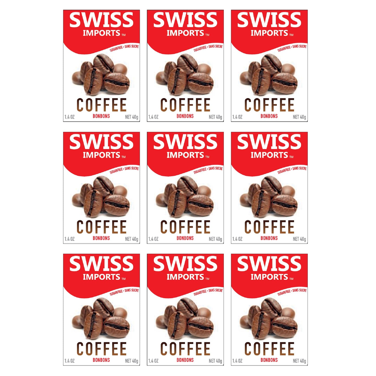 Swiss Imports Sugar Free Bonbons Hard Candy Drops, Coffee, 1.4 Oz/ 40G Box, 9 Pack