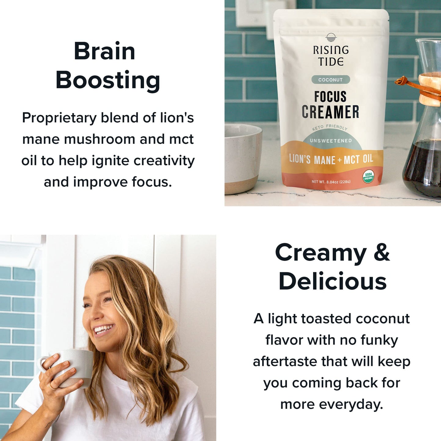 Rising Tide Organic Mushroom Superfood Creamer - Coconut Milk Powder  Lions Mane Mushrooms  MCT Oil - Non Dairy Cream Alternative for Coffee - Plant Based and Keto Friendly (38 Servings)