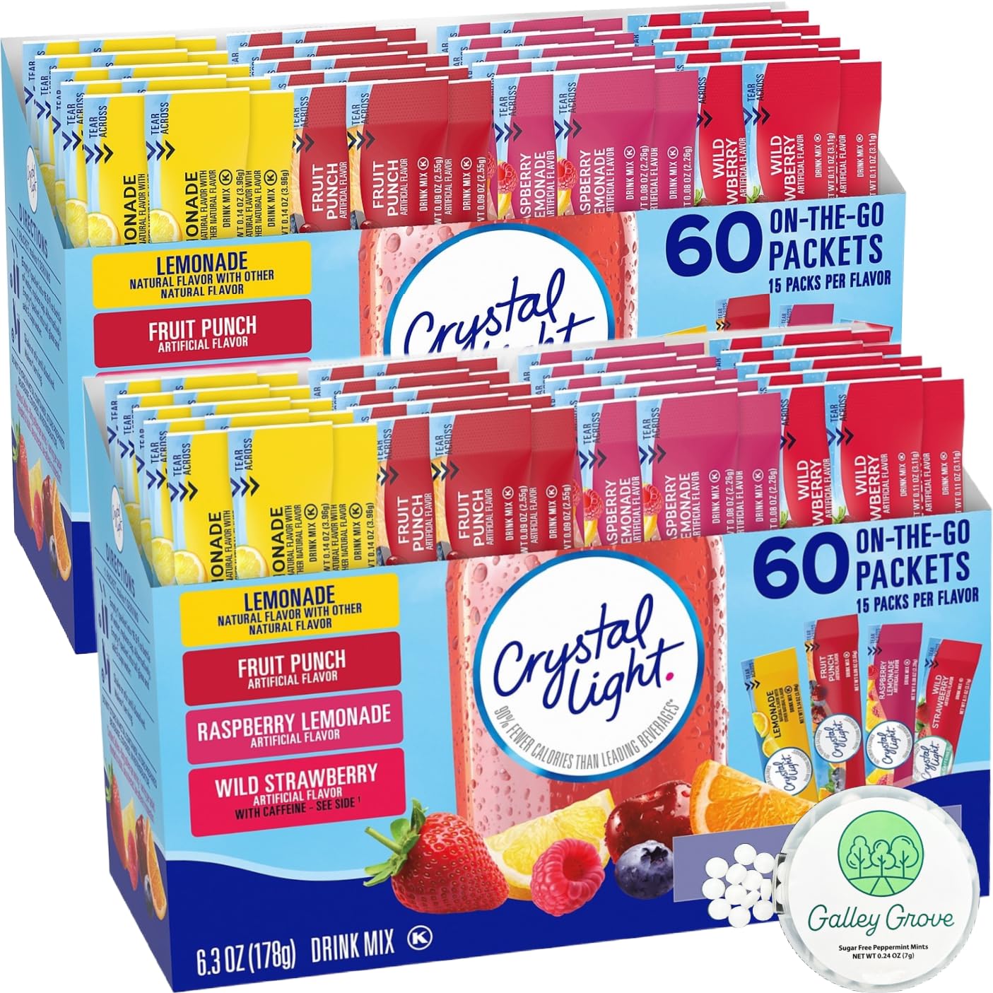 Galley Grove Crystal Light Water Flavoring Enhancer Variety Pack, 120 Drink Mix Packets, 6.3 oz (Pack of 2) - Lemonade, Fruit Punch, Raspberry Lemon,